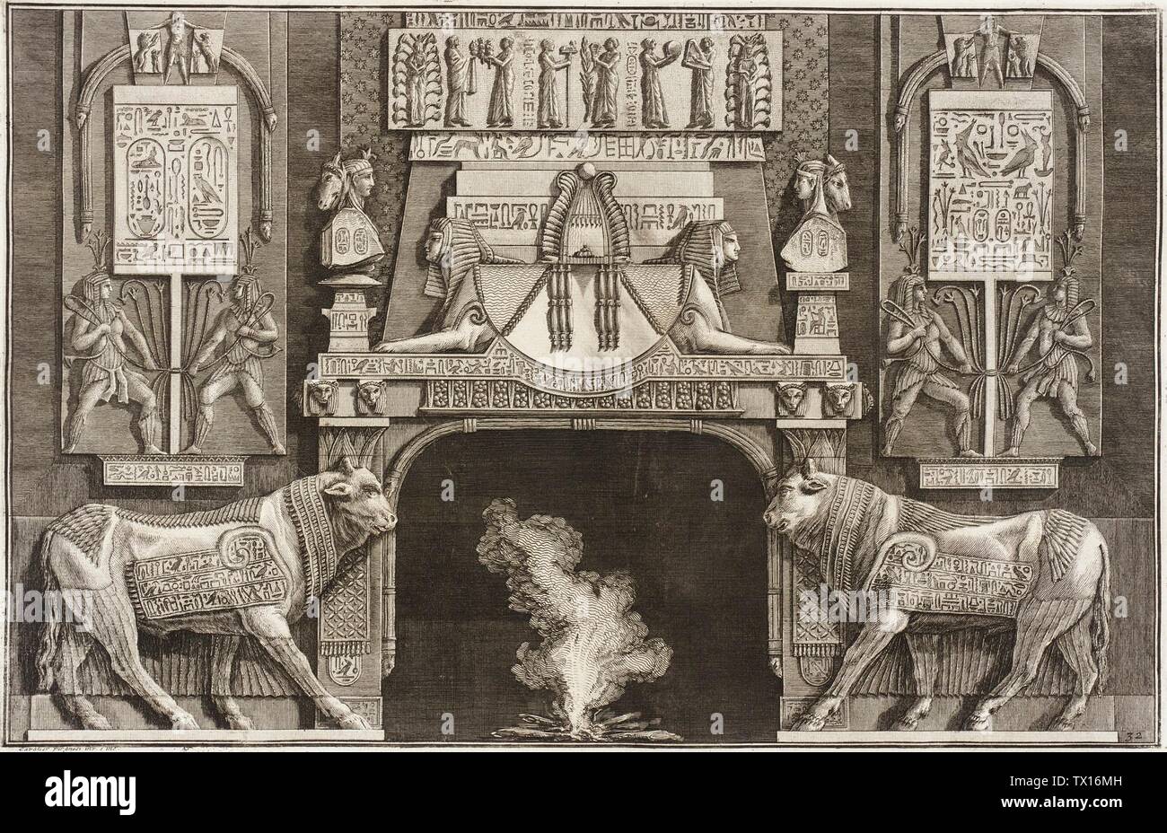 Chimneypiece in the Egyptian style: Lintel with addorsed Sphinxes flanked by bulls in profile.;  Italy, 1769 Series: Diverse Maniere d'adornare i cammini... Prints; engravings Etching Sheet: 16 1/2 x 21 3/4 in. (41.91 x 55.24 cm); plate: 15 1/2 x 9 7/8 in. (39.37 x 25.08 cm) Purchased with funds raised through the International Fine Art Print Dealers Fair (AC1999.142.2) Prints and Drawings; 1769date QS:P571,+1769-00-00T00:00:00Z/9; Stock Photo