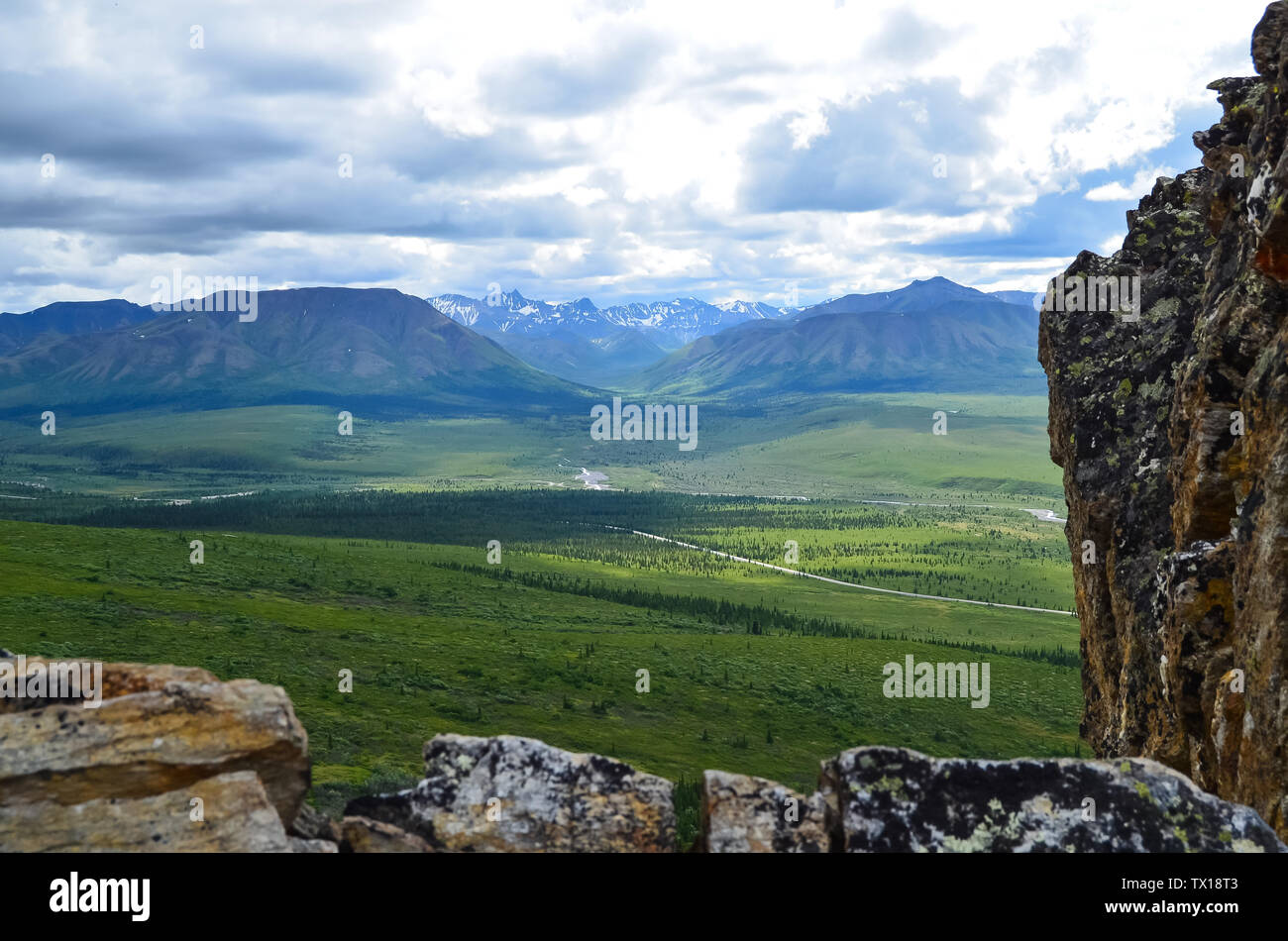 Panoramic view of Denali Naional Park valley with snow covered Alaska mountain range in the background and cloudy sky. North America, United States Stock Photo