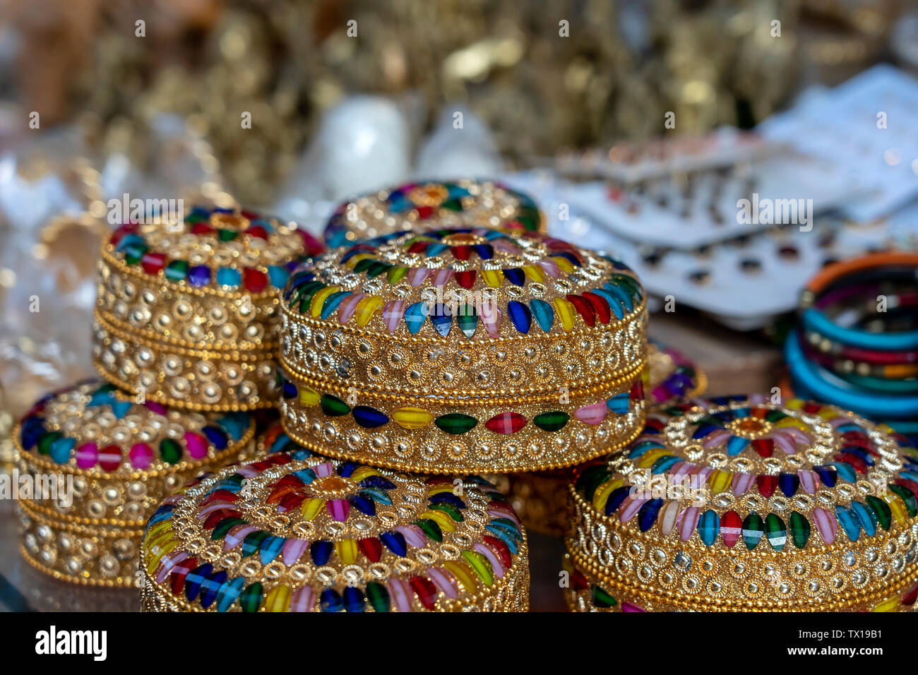 Colorful jewel boxes for sale for tourists on Indian street market in