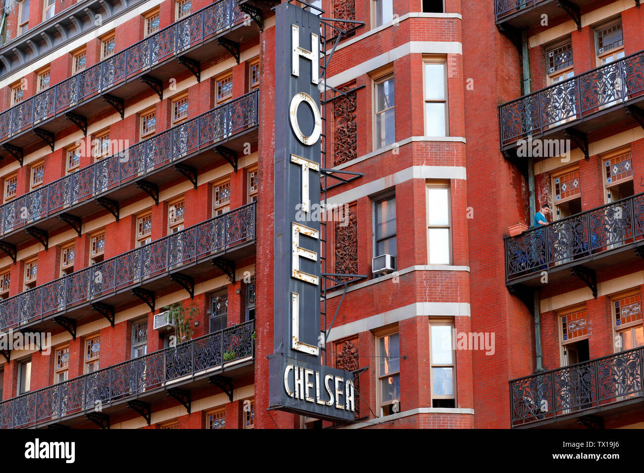Facade and iconic sign of the Chelsea Hotel, 222 West 23rd Street, New York, NY Stock Photo