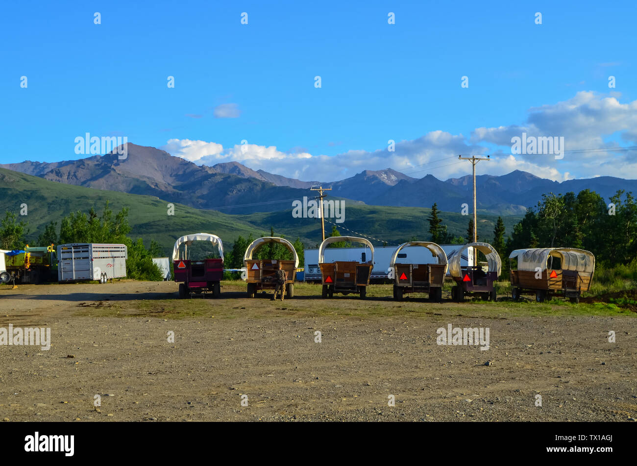 Wells Fargo horse wagons with mountains in the background and sunny blue sky above. Healy, Alaska, United States Stock Photo