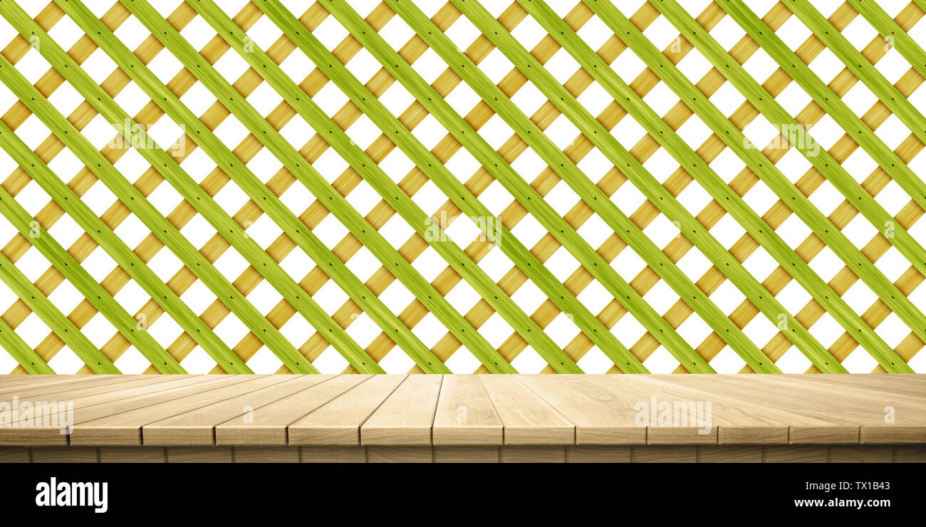 Colorful wooden platform background: fence/railing.  ( 3D rendering computer digitally generated illustration.) Stock Photo