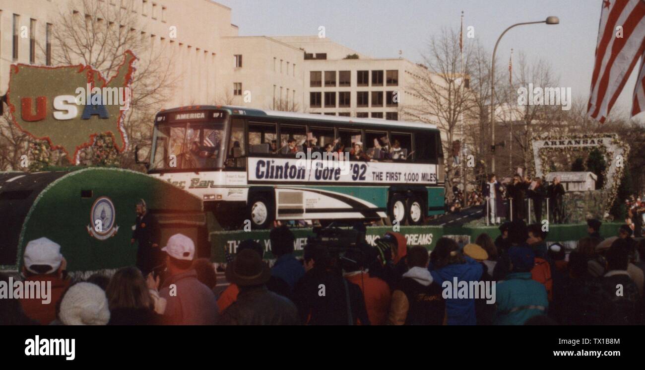 The Clinton/Gore 1992 campaign bus, in the inaugural parade down Pennsylvania Avenue.; 20 January 1993; Own work; Dave Pape; Stock Photo