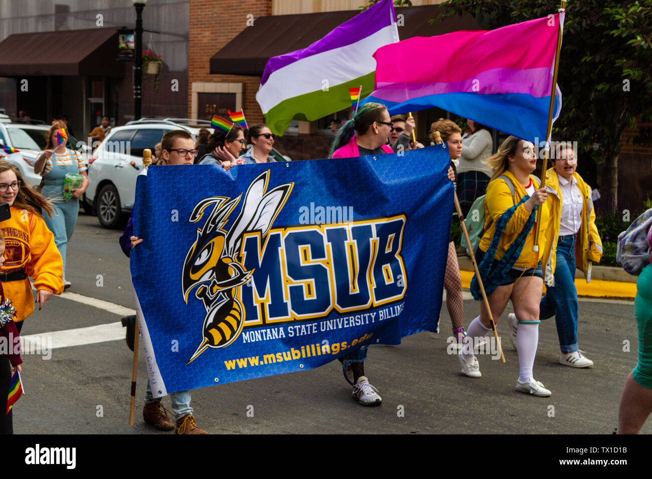 Montana State University - Billings showing their support for the LGBTQ+ community of Montana during the 2019 Pride Parade. Helena, Montana, USA Stock Photo