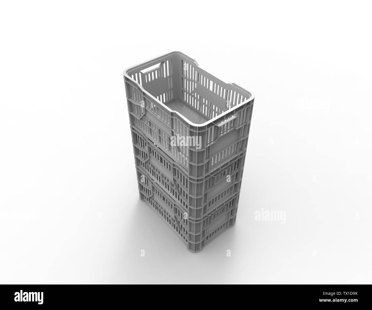 3d rendering of a stackable plastic storage crate box isolated in white studio background. Stock Photo