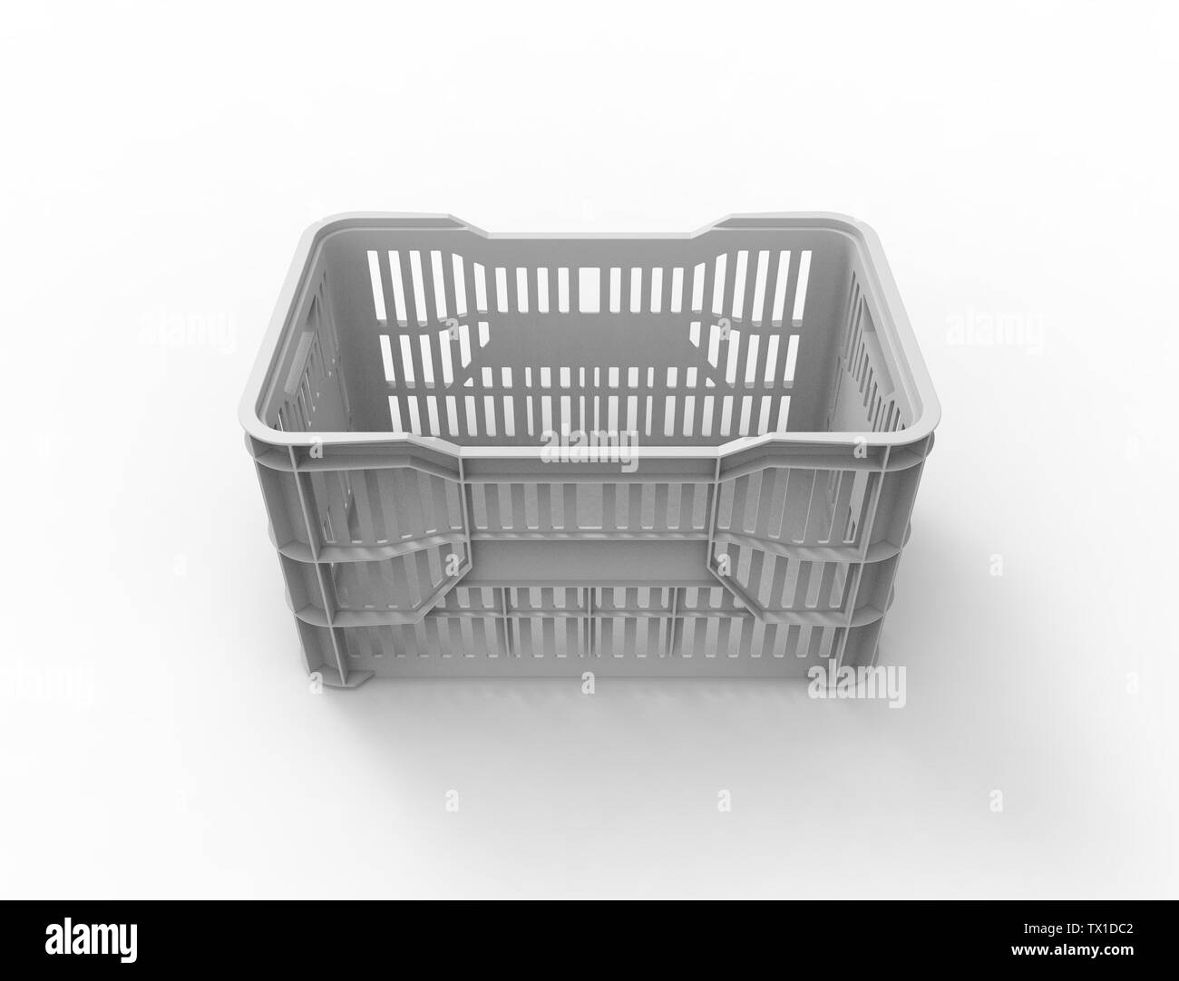 3d rendering of a stackable plastic storage crate box isolated in white studio background. Stock Photo