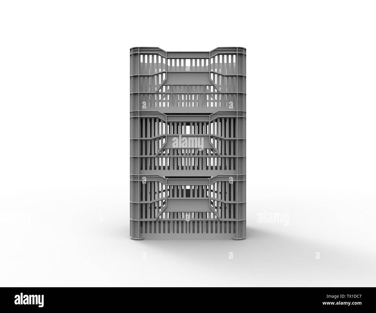 3d rendering of a stackable plastic storage crate box isolated in white studio background. Stock Photo