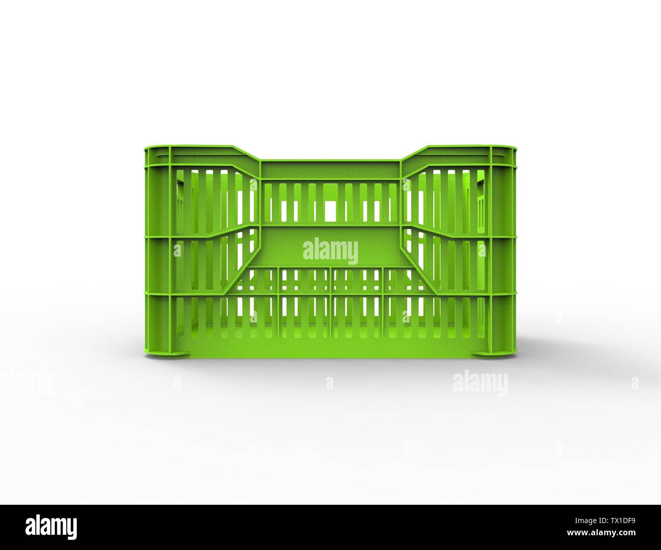 3d rendering of a stackable plastic storage crate box isolated in white studio background. Stock Photo