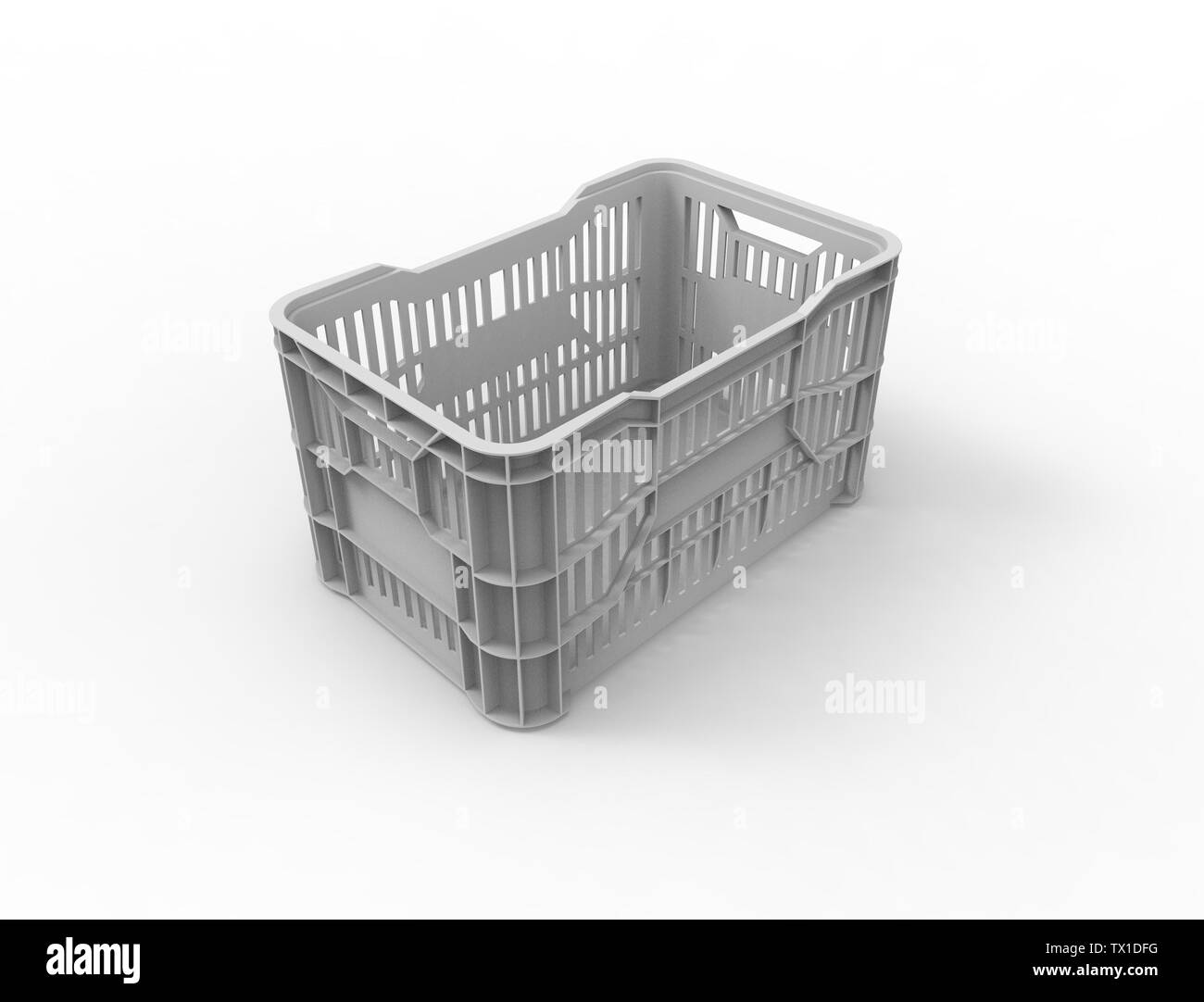 3d rendering of a stackable plastic storage crate box isolated in white studio background. Stock Photo