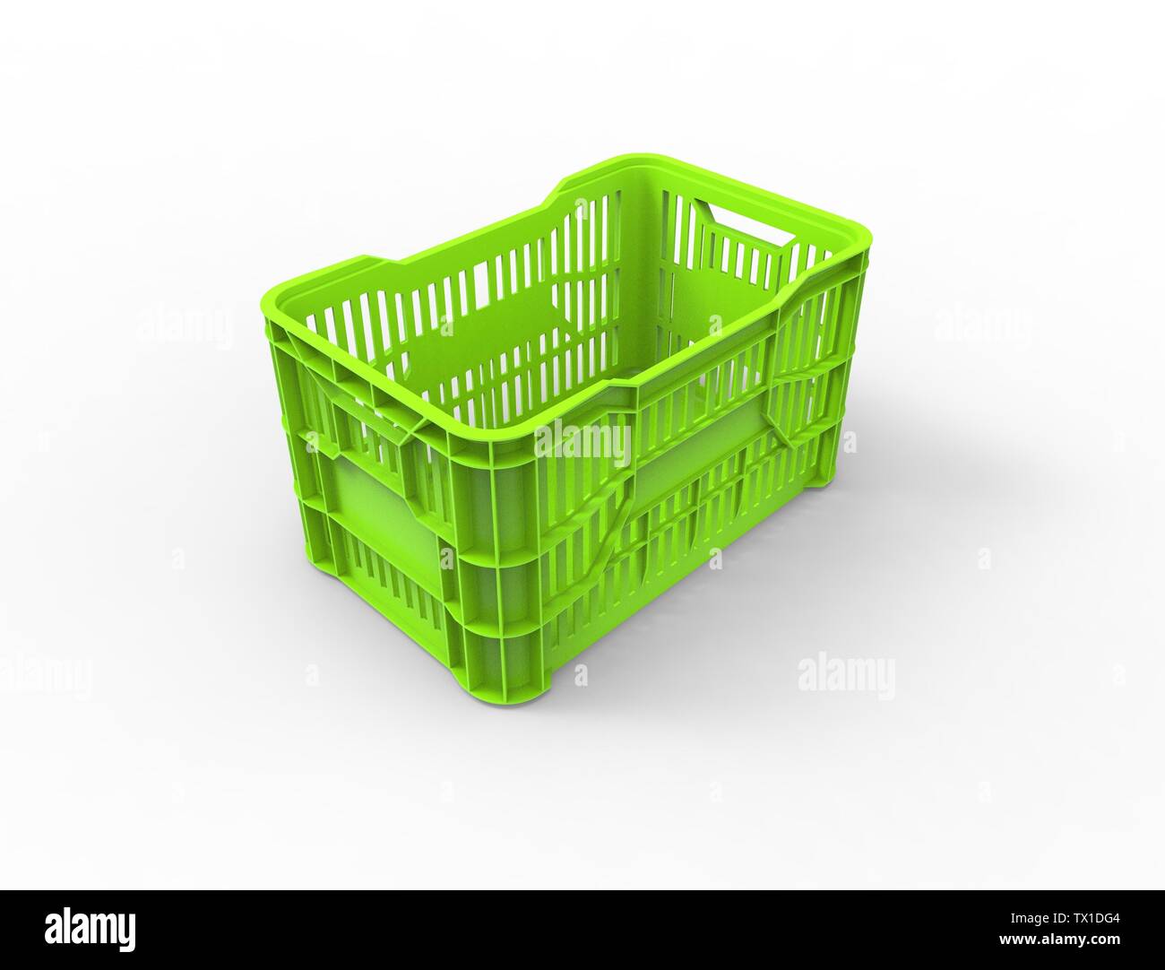 3d rendering of a stackable plastic storage crate box isolated in white studio background. Stock Photo