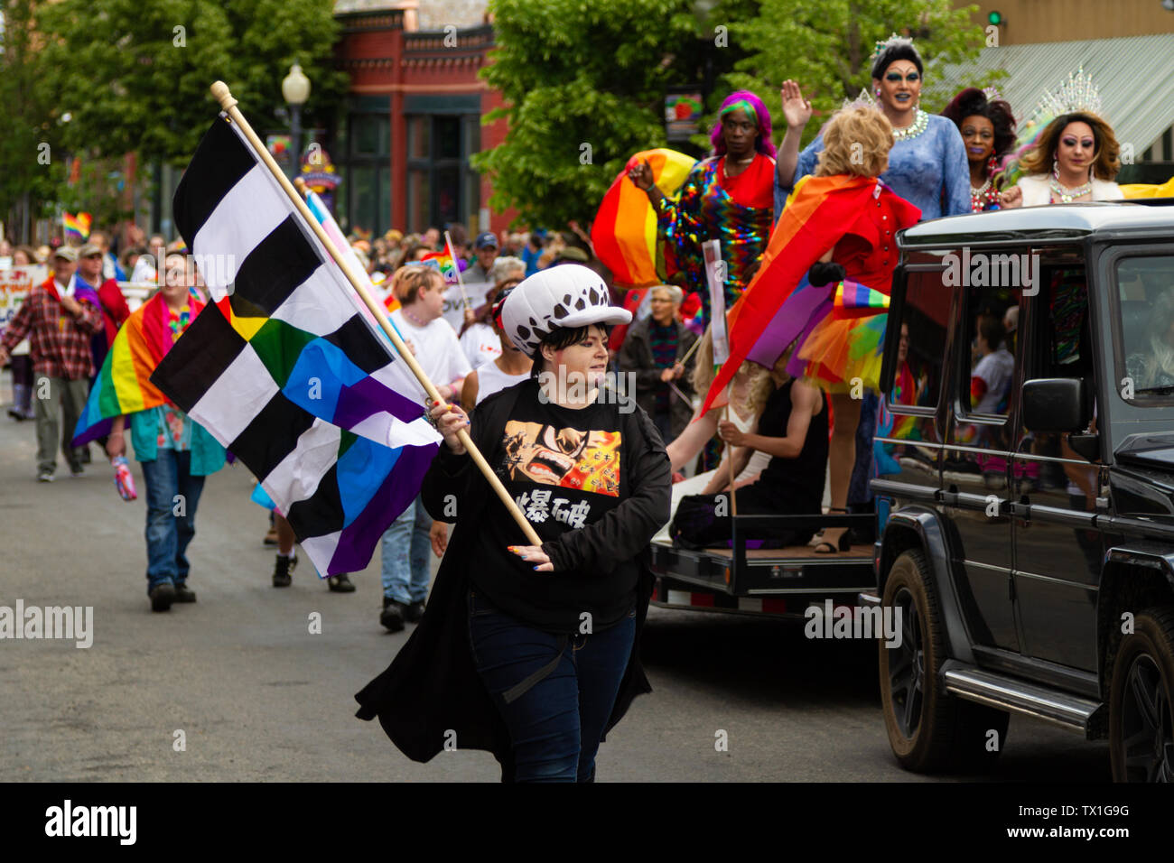 Participants in the Big Sky Pride Parade 2019. Drag queens and LGBTQ