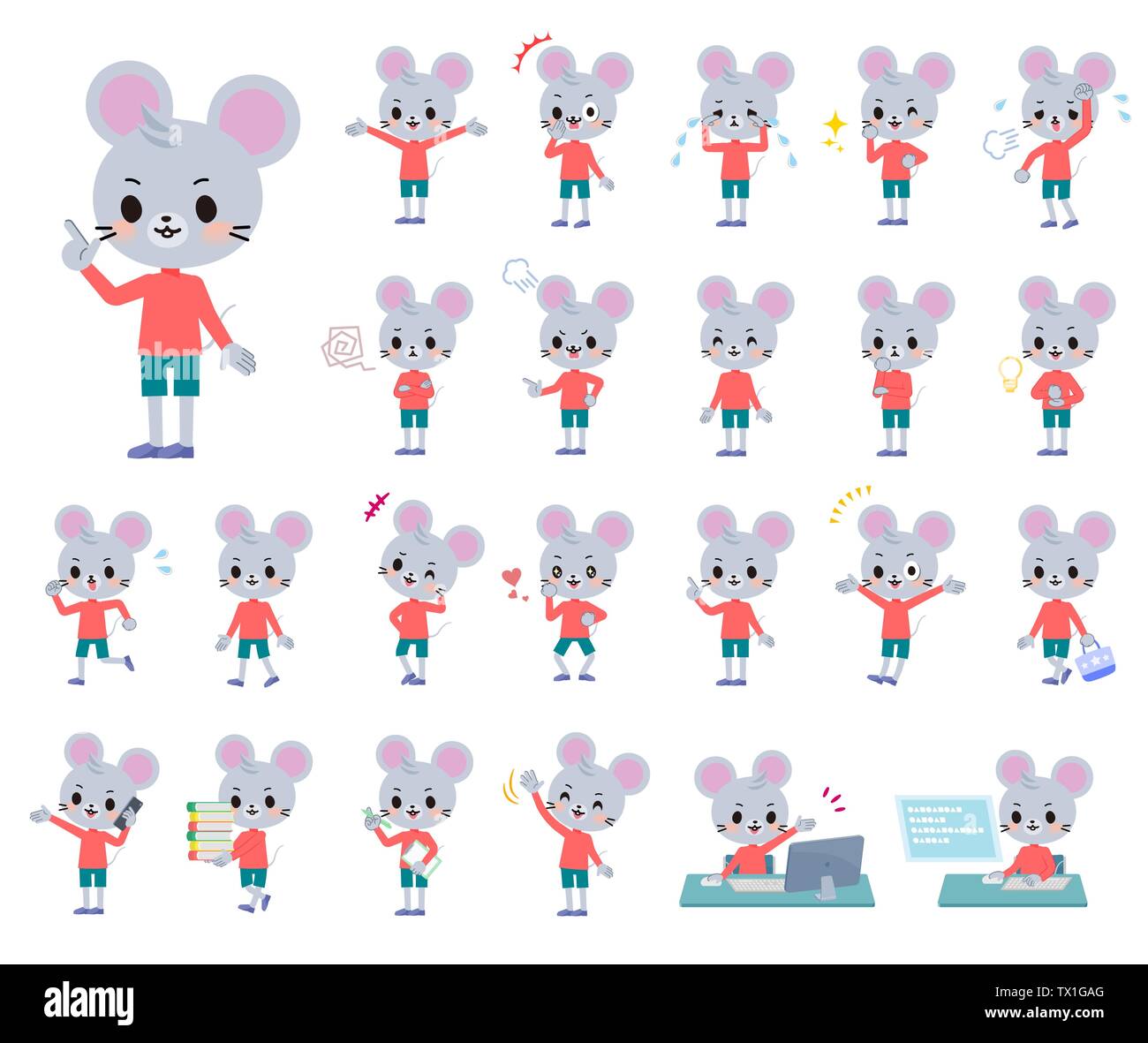 A set of mouse boy with who express various emotions.There are actions related to workplaces and personal computers.It's vector art so it's easy to ed Stock Vector