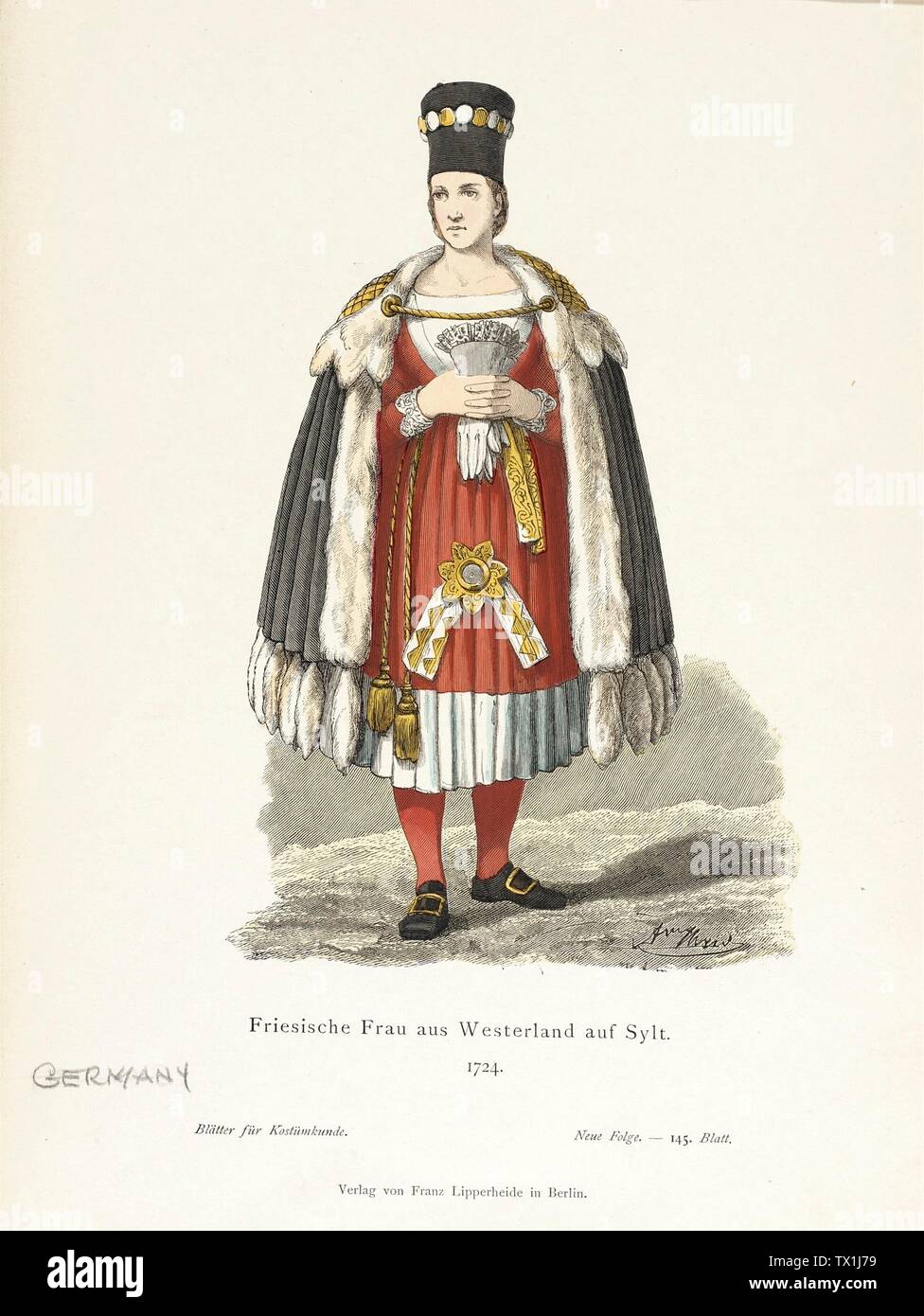 Costume Plate (Friesische Frau aus Westerland auf Sylt);  Germany, Berlin, 19th century Prints; lithographs Lithograph on paper Composition: 11 3/8 x 7 7/16 in. (28.89 x 18.89 cm) Gift of Charles LeMaire (M.83.161.119) Costume and Textiles; 19th century date QS:P571,+1850-00-00T00:00:00Z/7; Stock Photo