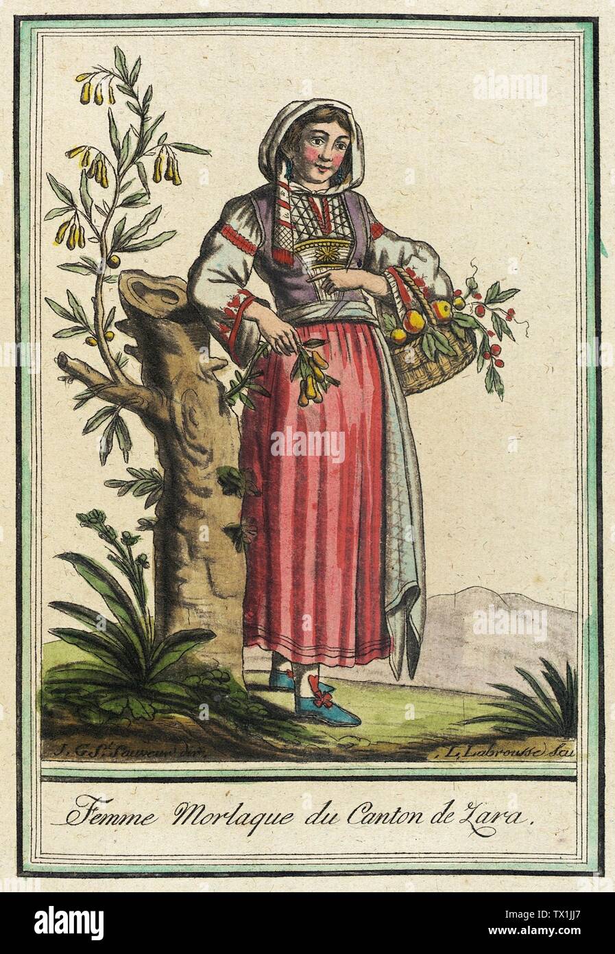 Costumes de DiffÃ©rents Pays, 'Femme Morlaque du Canton de Zara'; France,  circa 1797 Prints; engravings Hand-tinted engraving on paper Sheet: 10 3/4  x 7 3/4 in. (27.31 x 19.69 cm); Composition: 8