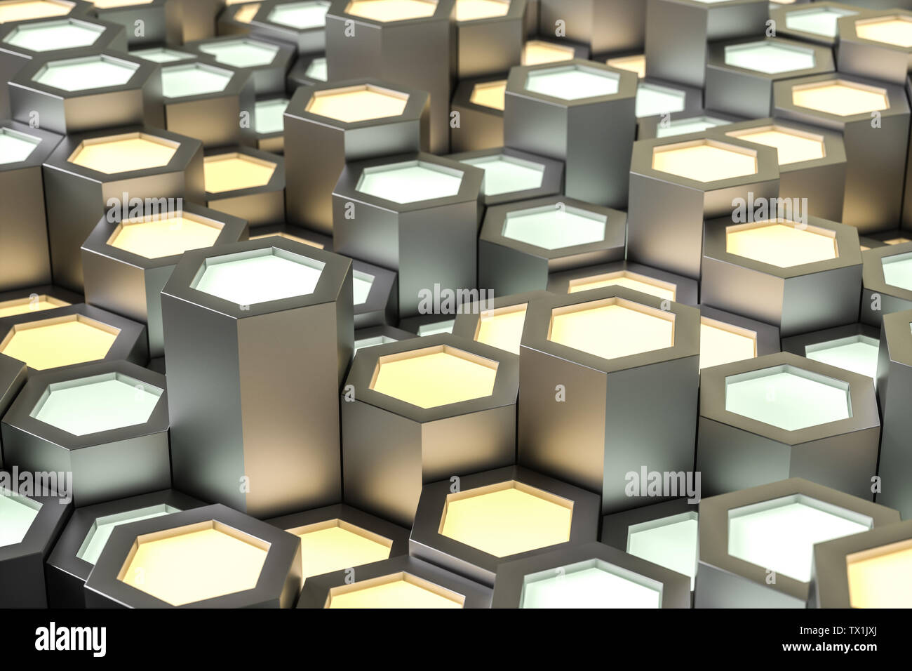Golden hexagonal metallic background, three-dimensional rendering Stock Photo