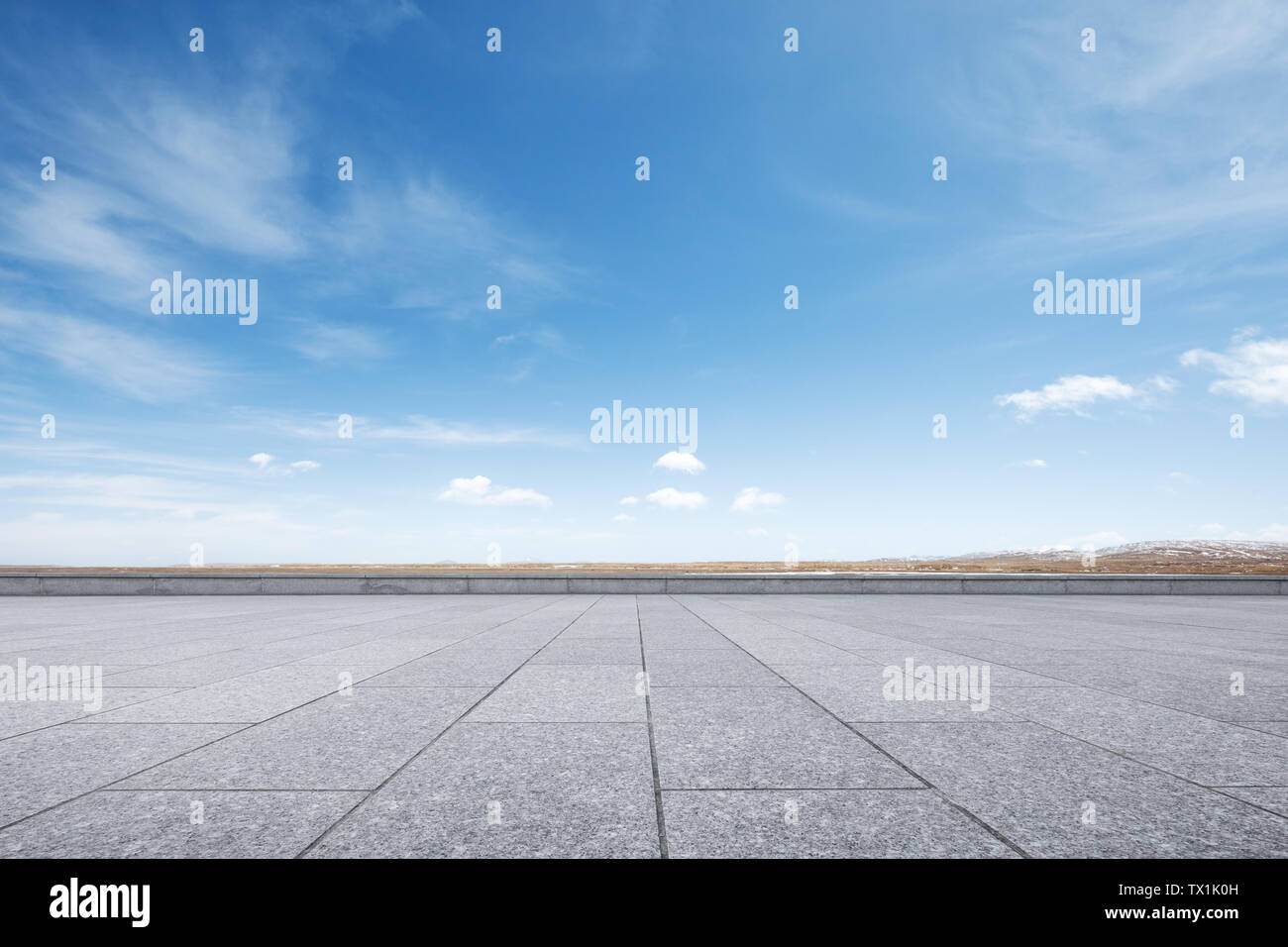 Empty marble floor with snow mountains Stock Photo
