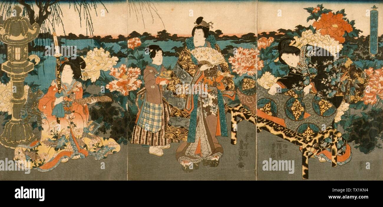 Courtesans In A Peony Garden Japan Mid 19th Century Prints Woodcuts Triptych Of Color Woodbk