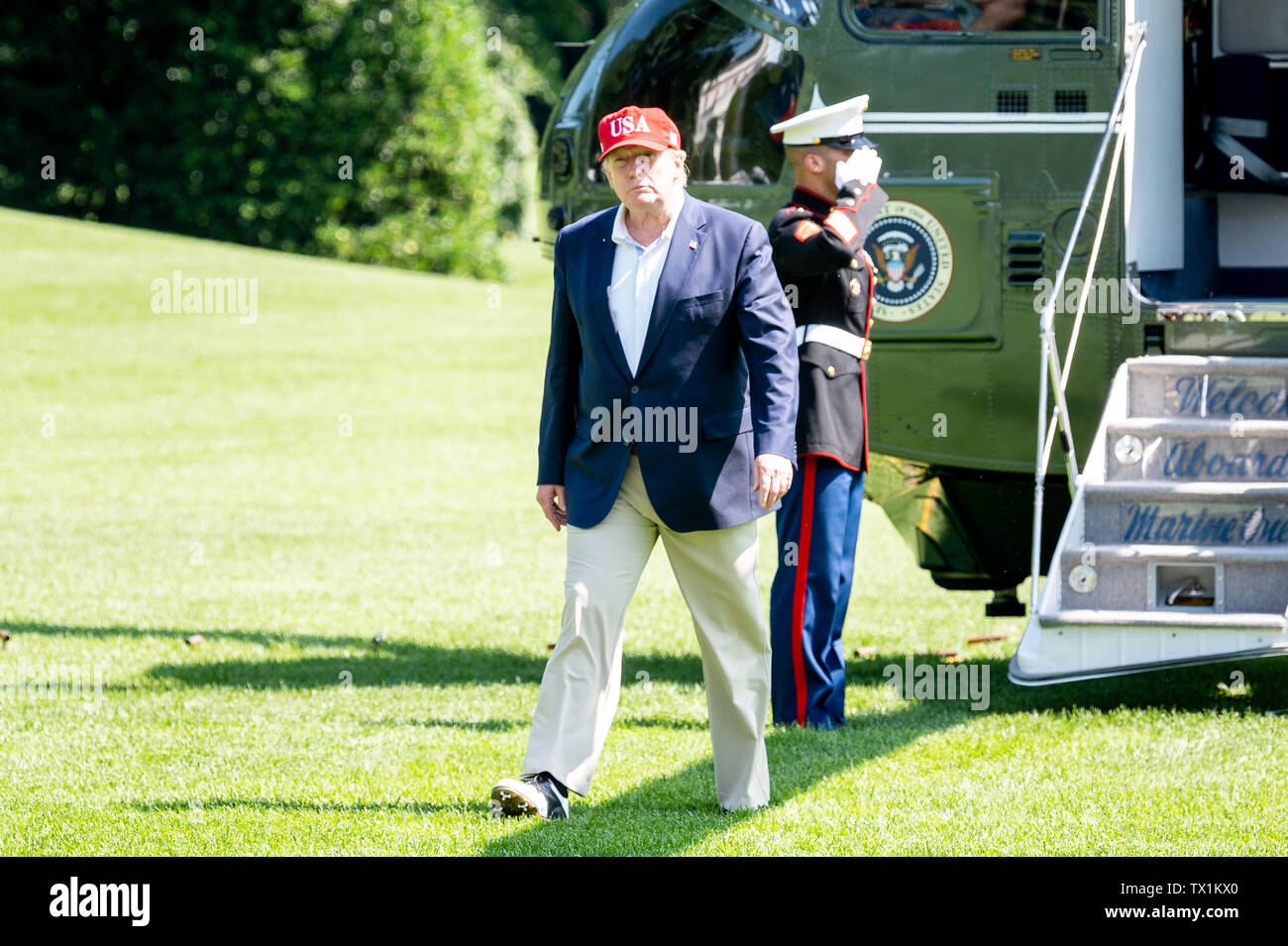 President Donald Trump returns to the White House (Washington, DC) on the afternoon of June 23, 2019. Stock Photo