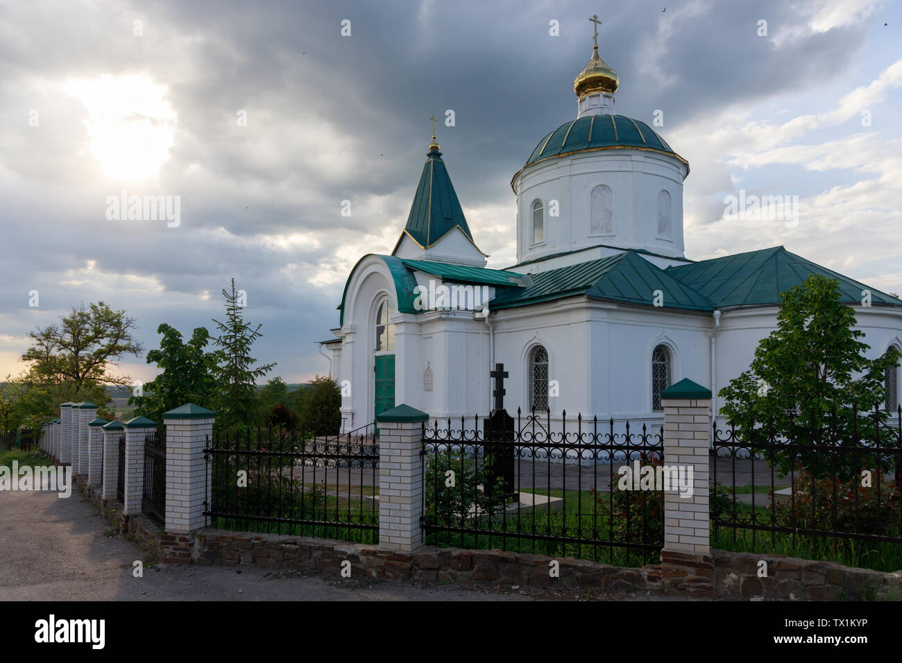 NIKOLAEVKA VILIAGE, ROSTOV REGION, RUSSIA, MAY 12, 2019: The Nikolsky Temple and beautiful clouds in sunny weather Stock Photo