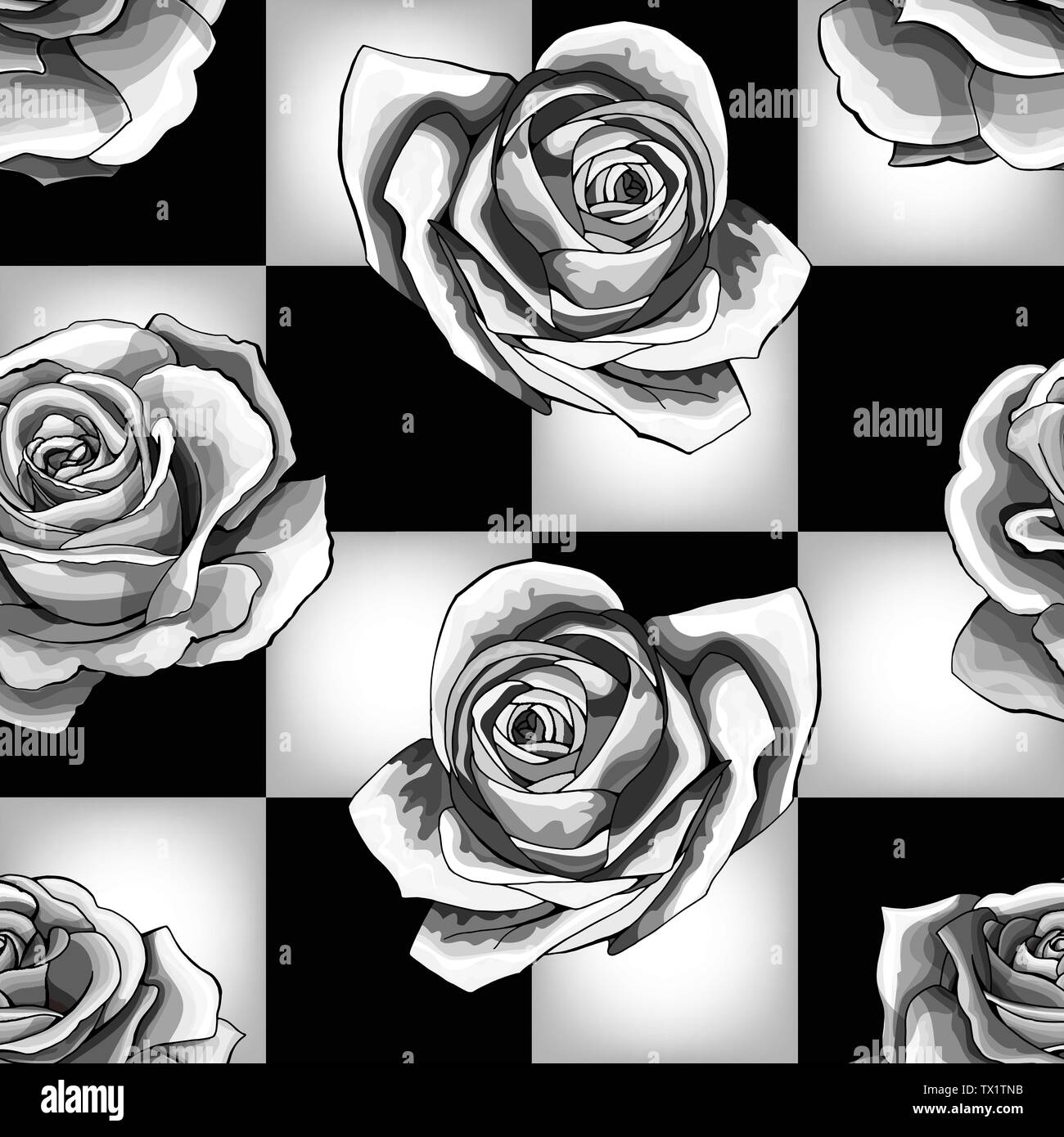 White roses on chessboard background. Vector seamless pattern design Stock Vector