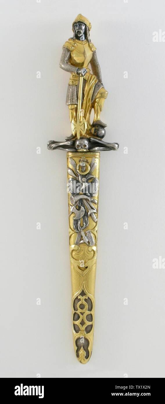 Dagger;  France, circa 1845 Arms and Armor; daggers Silvered and gilt bronze, and steel a) Dagger:  10 1/8 x 2 1/8 x 1 in. (25.72 x 5.4 x 2.54 cm); b) Sheath:  6 1/4 x 1 x 3/4 in. (15.88 x 2.54 x 1.91 cm); Overall:  10 3/8 x 2 1/8 x 1 in. (26.36 x 5.4 x 2.54 cm) Purchased with funds provided by Major and Mrs. Corliss C. Moseley and Justin J. Stein, M.D. (M.2001.143.1a-b) Decorative Arts and Design Currently on public view: Ahmanson Building, floor 3; circa 1845 date QS:P571,+1845-00-00T00:00:00Z/9,P1480,Q5727902; Stock Photo
