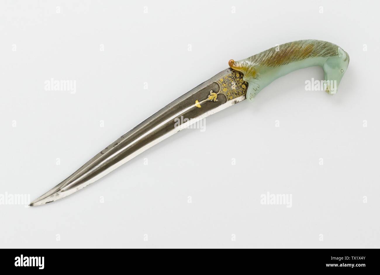Dagger Khanjar Of Emperor Aurangzeb Reigned 1658a 1707 And Sheath Image 3 Of 9 India Mughal Empire Dated 1660 1661 Arms And Armor Daggers Light Green Nephrite Jade Hilt Steel Blade Inlaid With Gold