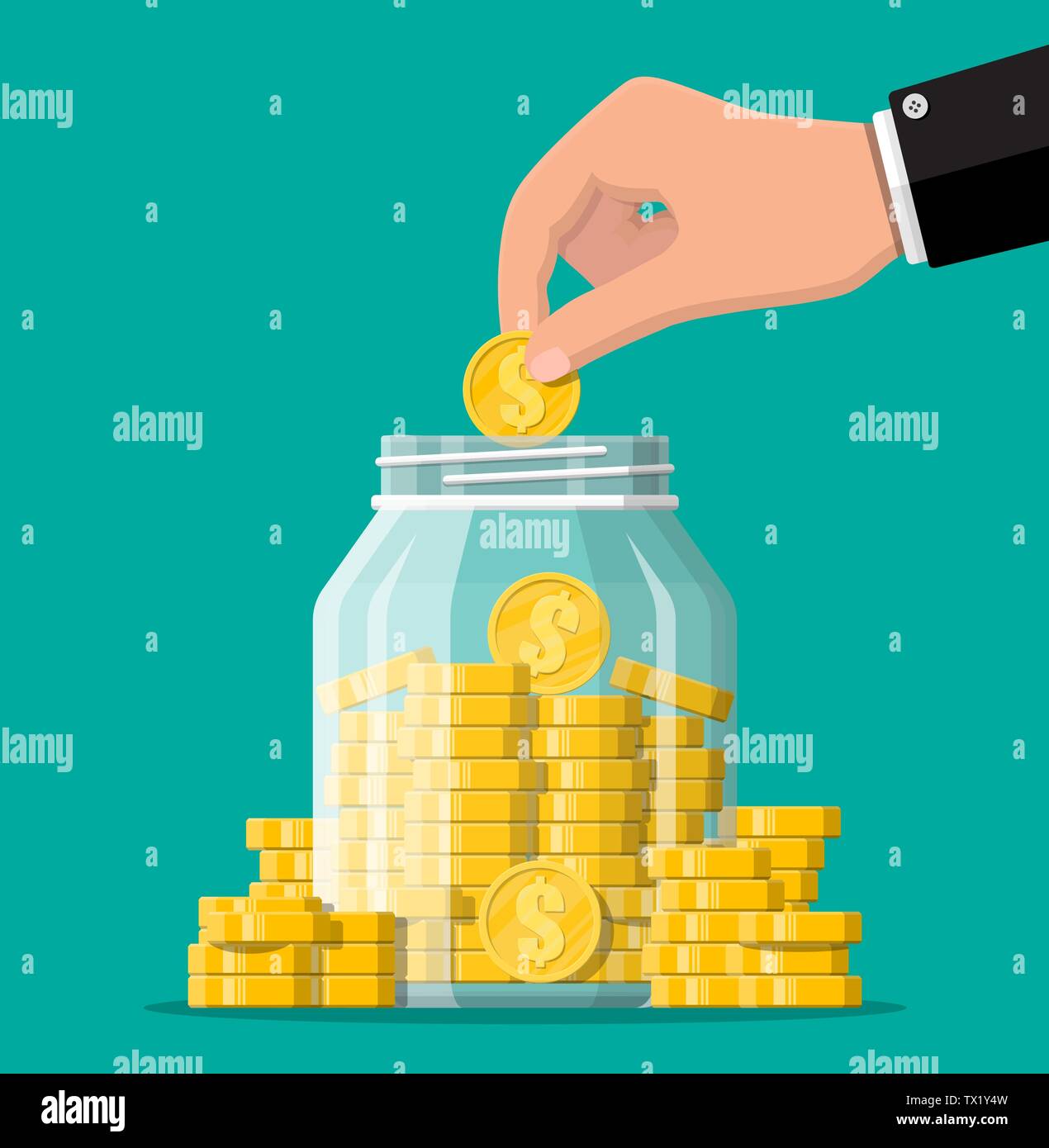 Glass money jar full of gold coins and hand. Stock Vector