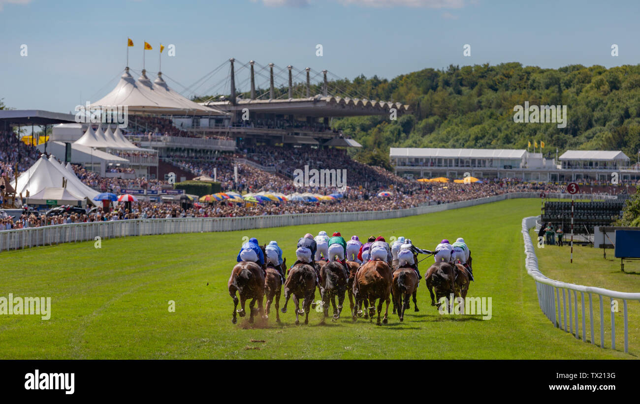 Horses and jockeys approaching the finishing line and going past the grandstand at Goodwood in West Sussex Stock Photo