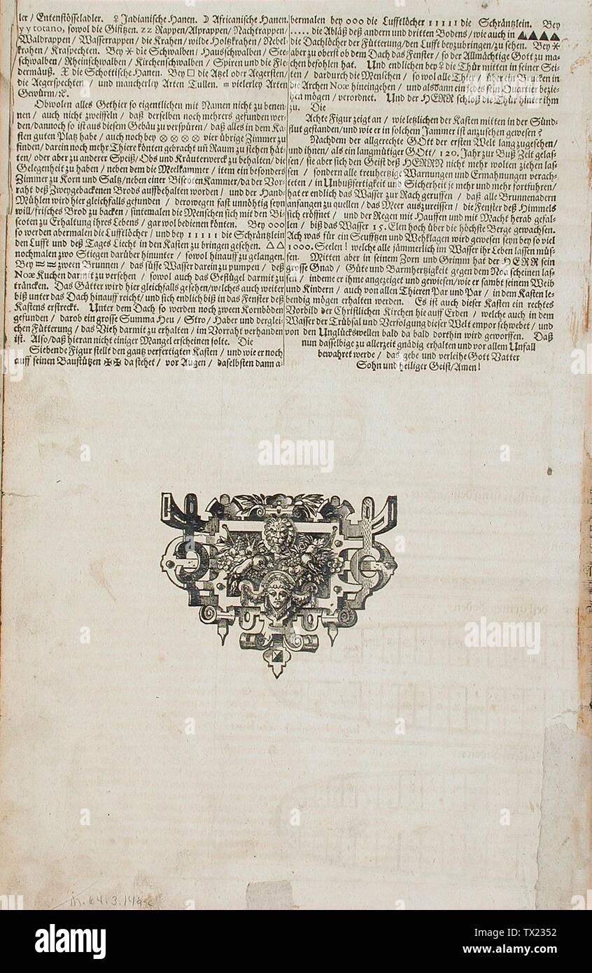 Description and Illustrations of Construction of Noah's Ark;  Germany, 17th century Alternate Beschreibung der Archen Noea Prints Letterpress Gift of Abbey Rents (M.64.3.14) Prints and Drawings; 17th century date QS:P571,+1650-00-00T00:00:00Z/7; Stock Photo