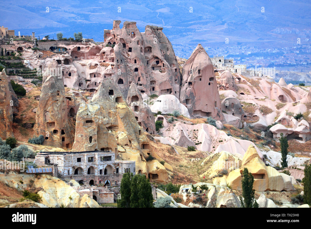 Carved houses in rock in Pigeon Valley, Uchisar, Cappadocia, Turkey