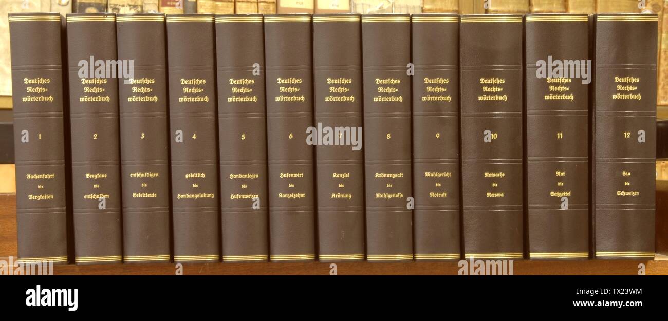 The Deutsches Rechtswoerterbuch (DRW, Dictionary of Historical German Legal Terms) comprises 12 volumes with 90,000 articles from A to S so far. Since 1999 the DRW has gradually been provided with an appearance on the world-wide web. Today all completed articles of the DRW are available to the public on its website (www.deutsches-rechtswoerterbuch). Bislang sind 12 BÃ¤nde des Deutschen RechtswÃ¶rterbuchs (DRW) im Druck erschienen. Sie enthalten auf rund 20.000 Druckspalten Ã¼ber 90.000 Artikel von A bis S.; 18 March 2014; Own work; Rechtshistoriker; Stock Photo