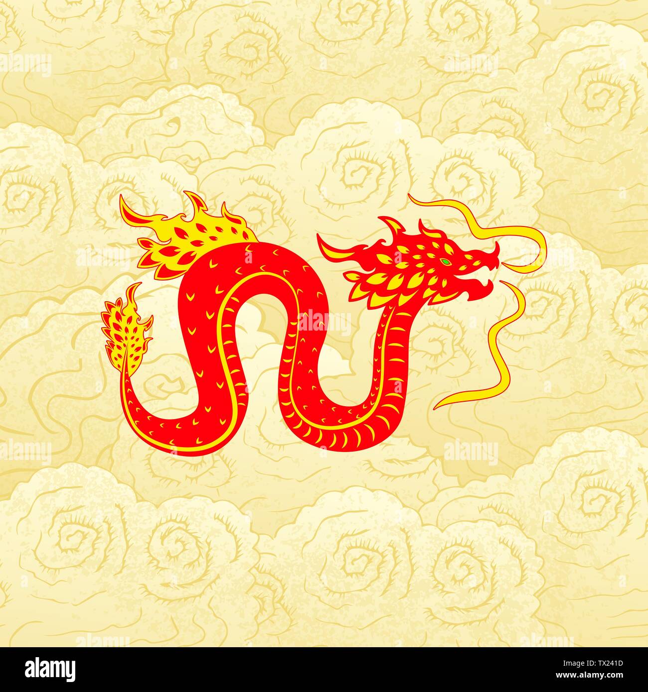 Traditional chinese Dragon character. Flat style. Vector illustration. Background chinese clouds Stock Vector