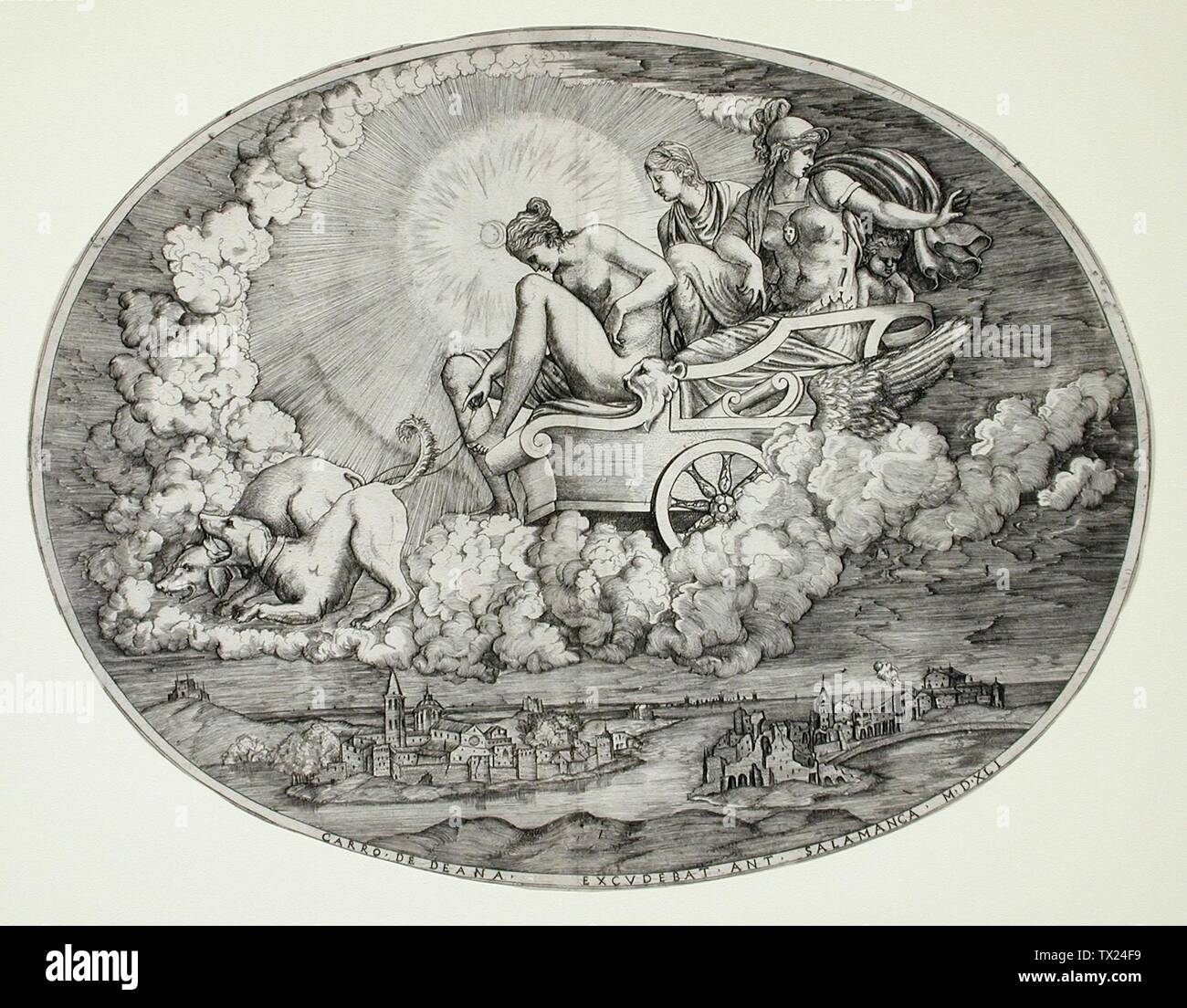 Diana and Her Chariot;  Italy, printed 1541 Prints; engravings Engraving Sheet: 11 7/8 x 15 1/2 in. (30.16 x 39.37 cm) oval Mary Stansbury Ruiz Bequest (M.88.91.198) Prints and Drawings; Printed 1541; Stock Photo