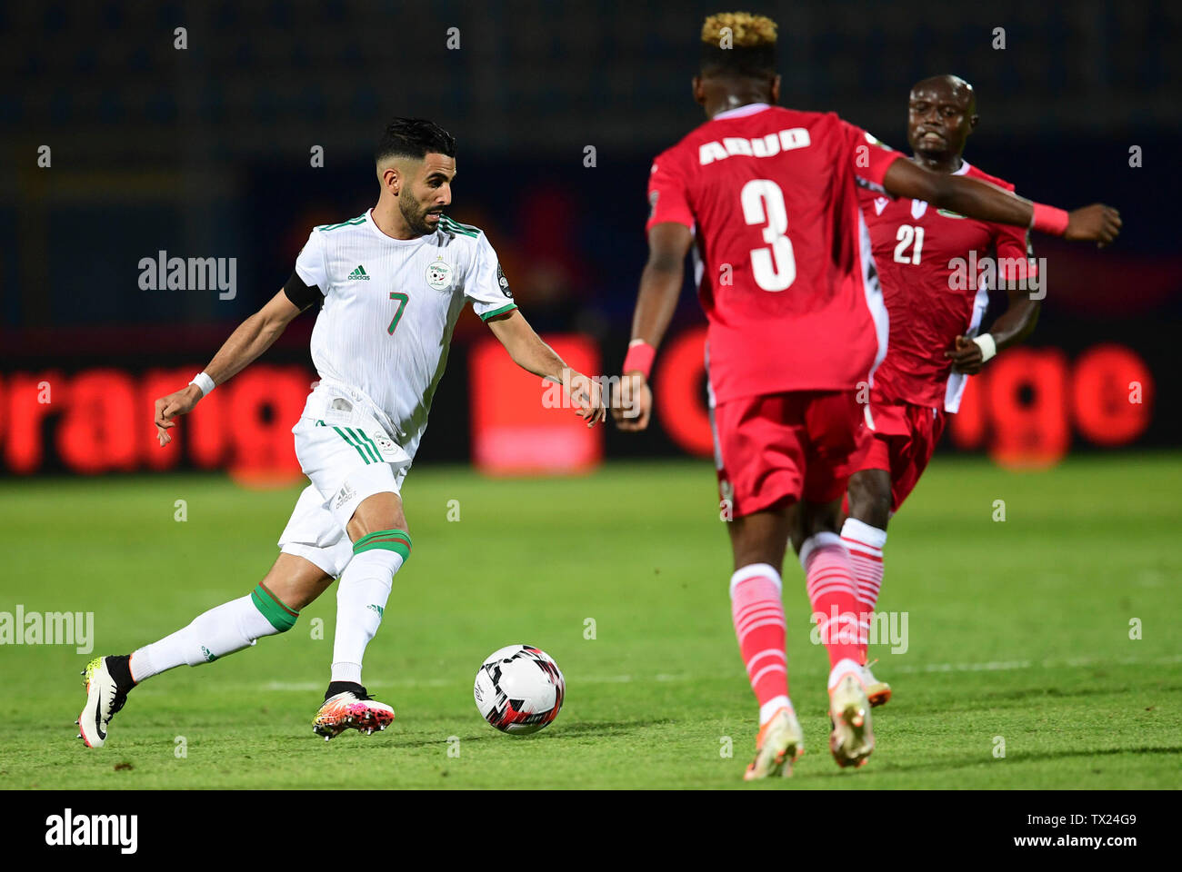 Cairo. 23rd June, 2019. Riyad Mahrez (L) of Algeria breaks through during the 2019 African Cup of Nations Group C match between Algeria and Kenya in Cario, Egypt on June 23, 2019. Algeria won 2-0. Credit: Wu Huiwo/Xinhua/Alamy Live News Stock Photo