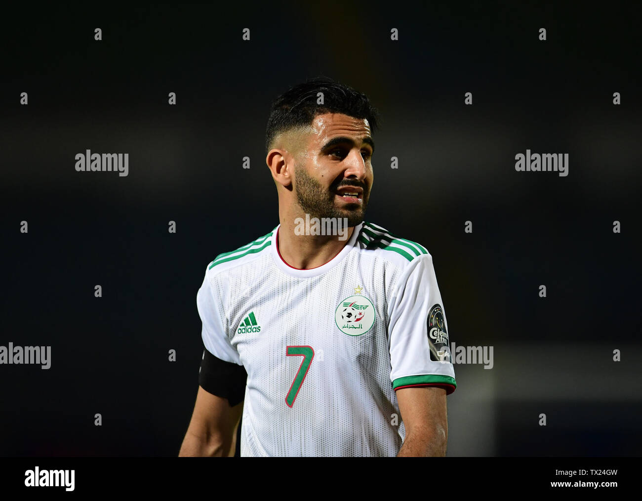 Cairo. 23rd June, 2019. Riyad Mahrez of Algeria looks on during the 2019 African Cup of Nations Group C match between Algeria and Kenya in Cario, Egypt on June 23, 2019. Algeria won 2-0. Credit: Wu Huiwo/Xinhua/Alamy Live News Stock Photo