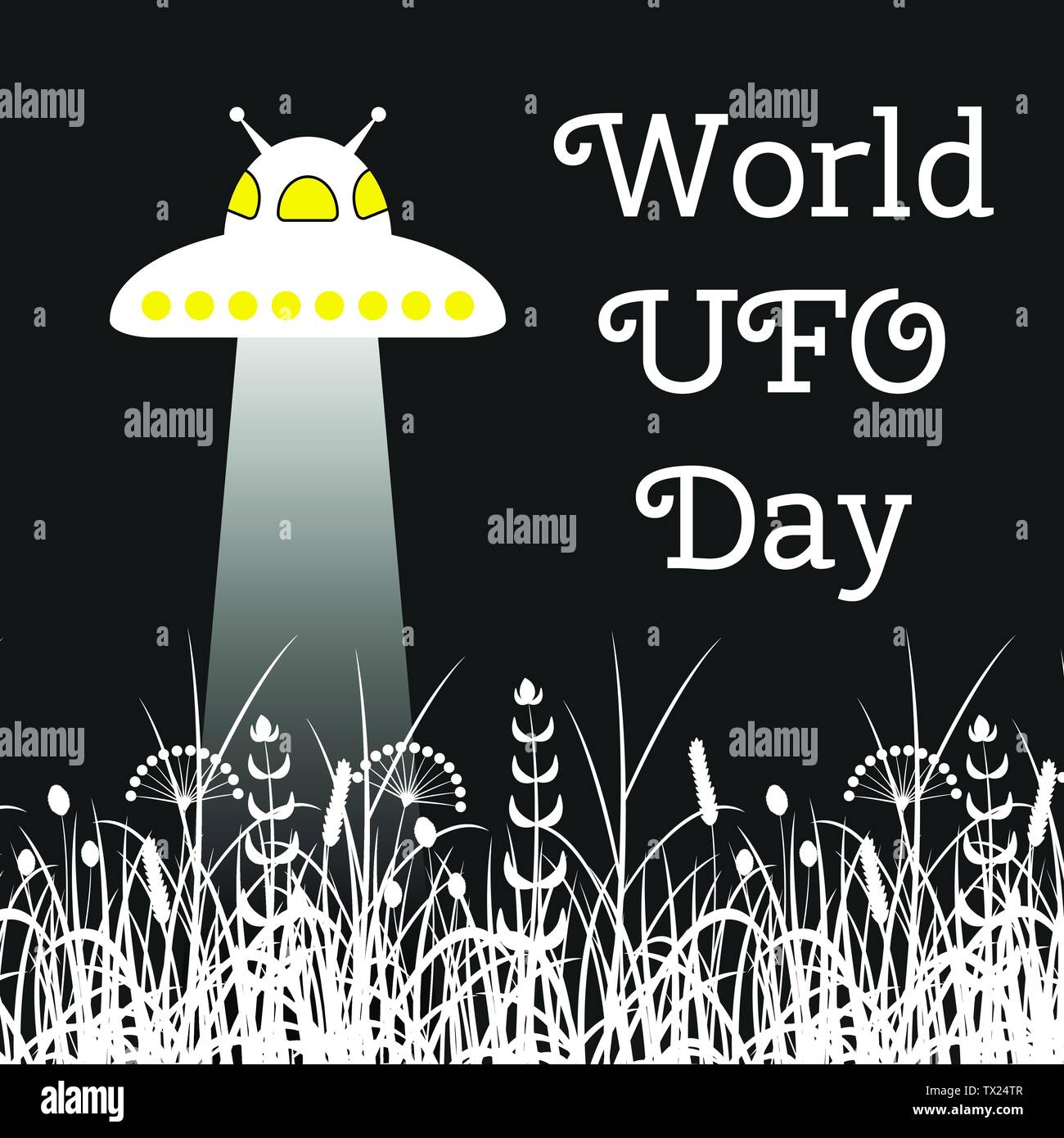 World UFO Day. Flying saucer over the meadow shines a beam. Monochrome ...