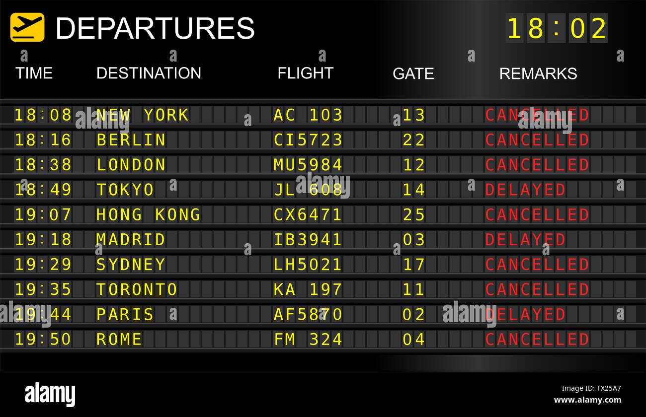 Flights departures board. information display system in international airport, cancelled and delayed flights Stock Photo