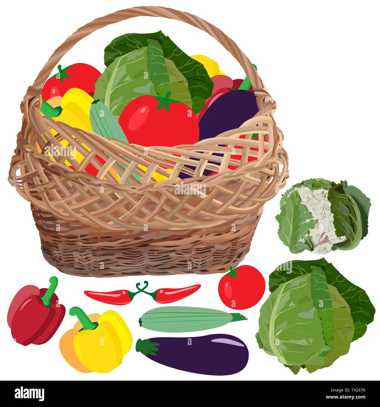 Wicker basket full of fresh vegetables, vector flat illustration Stock Vector