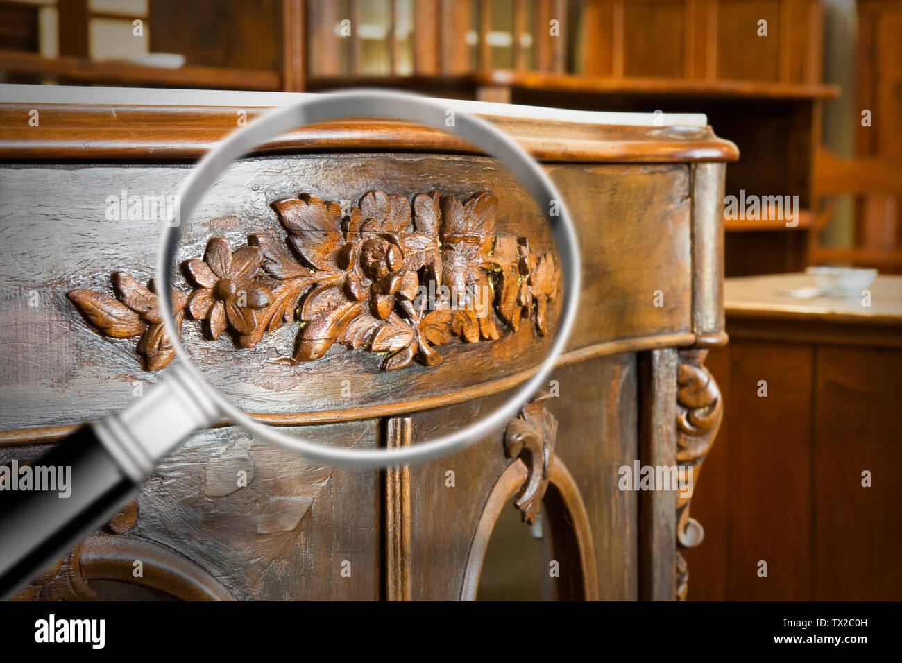 Detail of an antique wooden italian furniture just restored with a