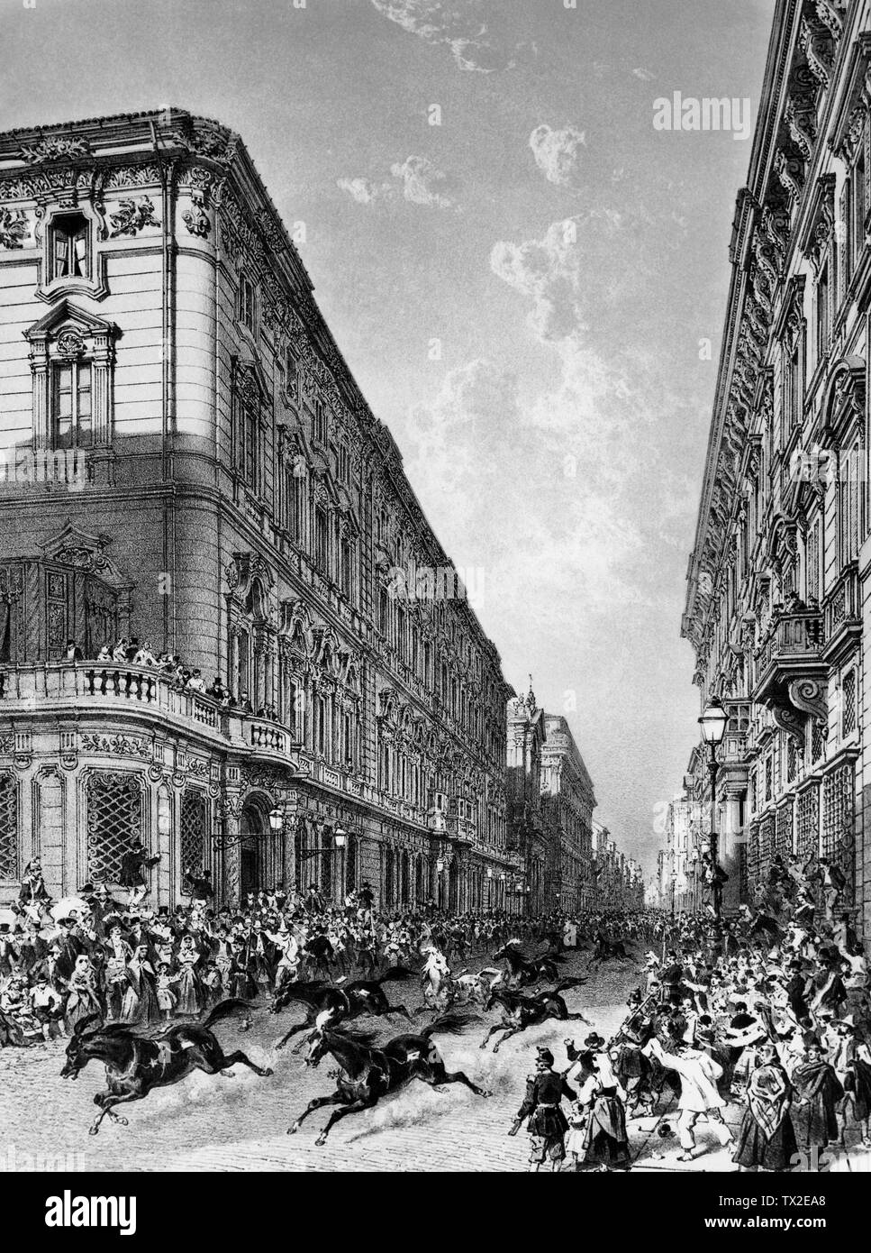 Italy, Rome, via del corso during the traditional barbero race, engraving by felix benoist, 1870 Stock Photo