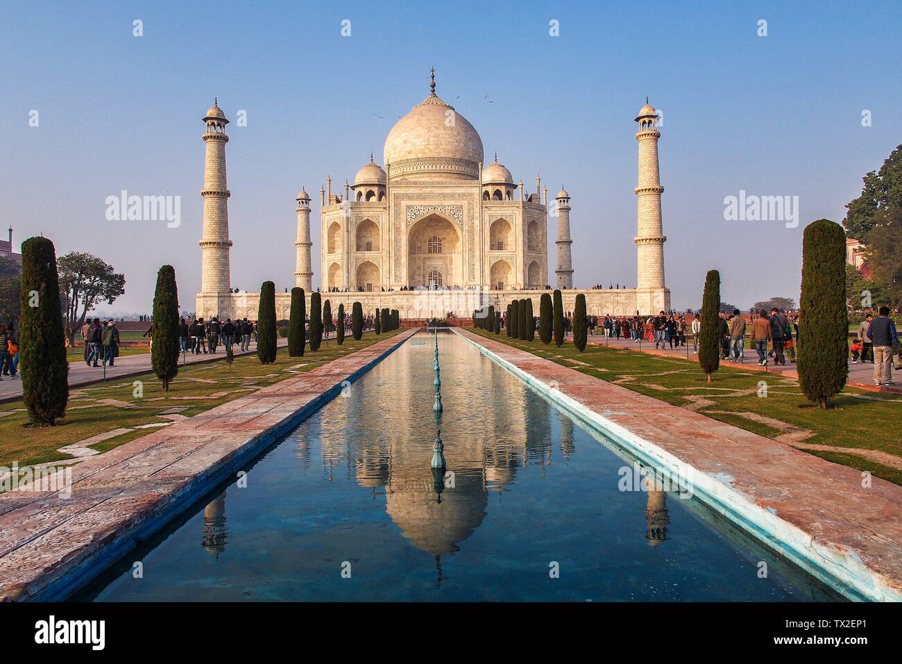 Taj Mahal is a white marble mausoleum on the bank of the Yamuna river ...