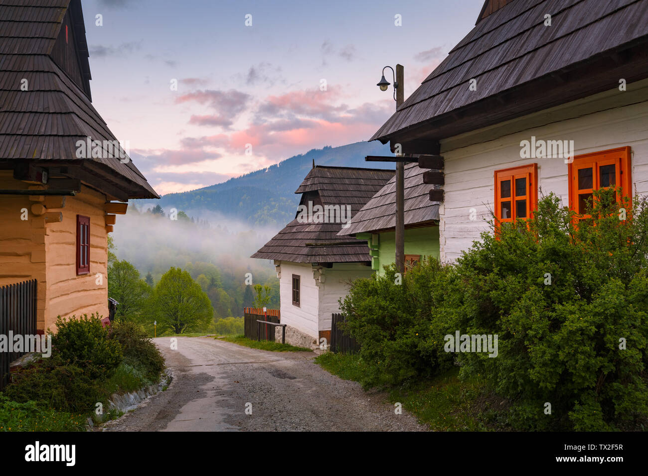 Traditional wooden architecture in Vlkolinec village in Slovakia. Stock Photo