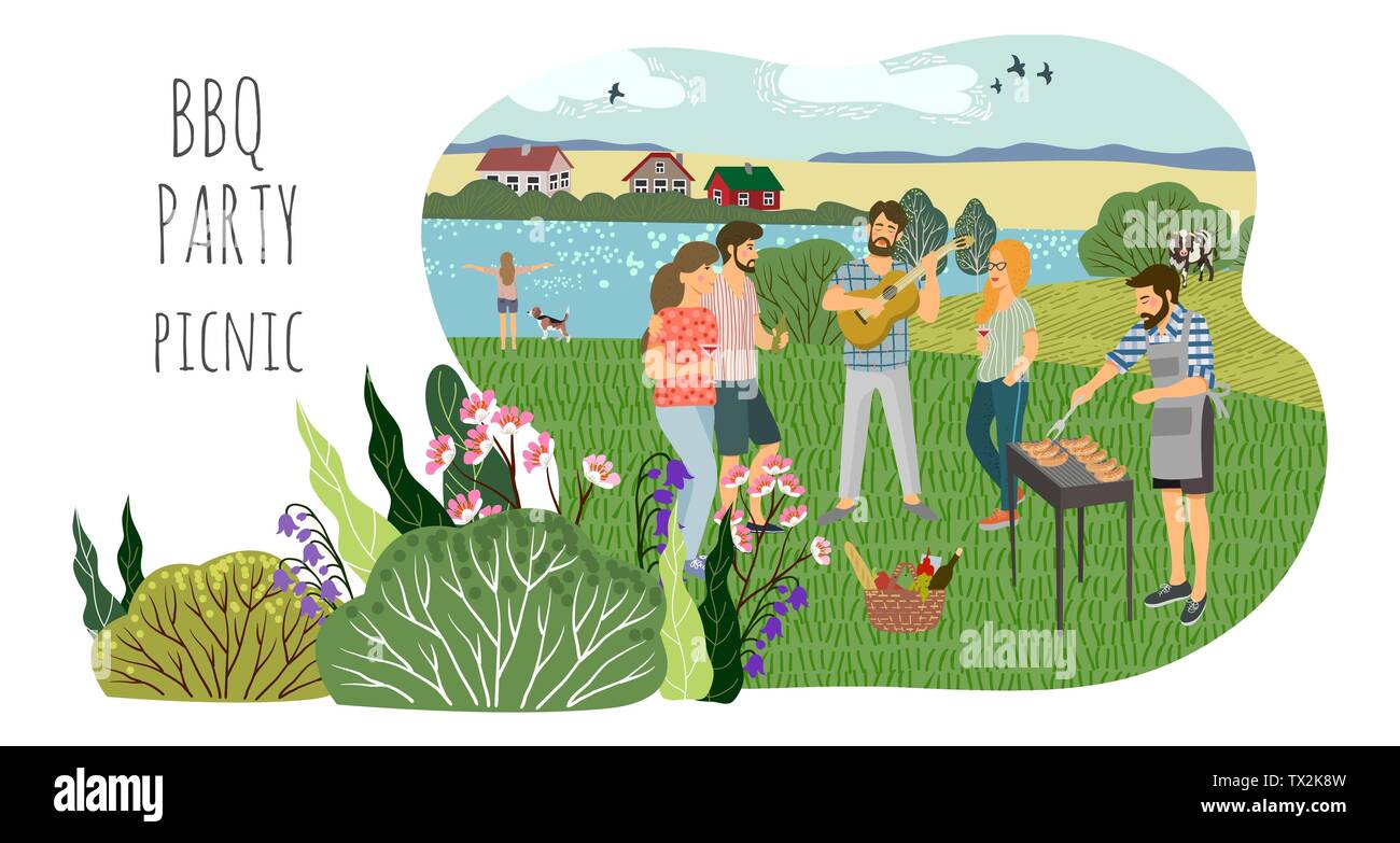 Picnic concept. Cute flat Vector horizontal illustration of mans and womans resting on the nature. Drawing by hand active people weekend with a Stock Vector