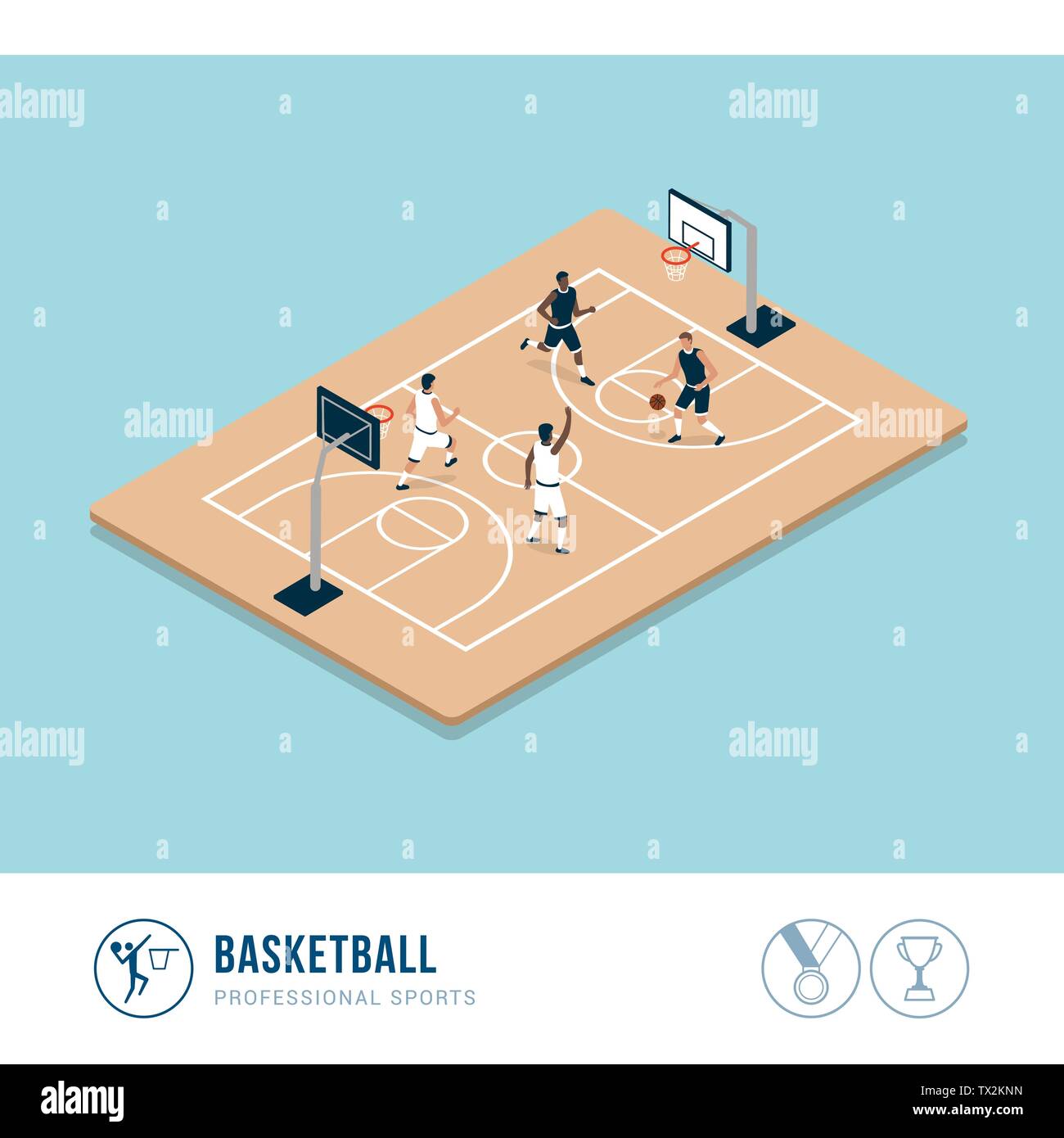Professional sports competition: basketball match and players in the court Stock Vector