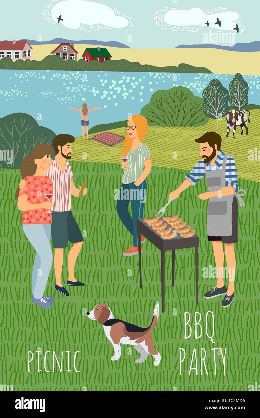 Picnic. Cute flat Vector illustration of mans and womans resting on the nature against the background of the rural landscape . Drawing by hand active Stock Vector