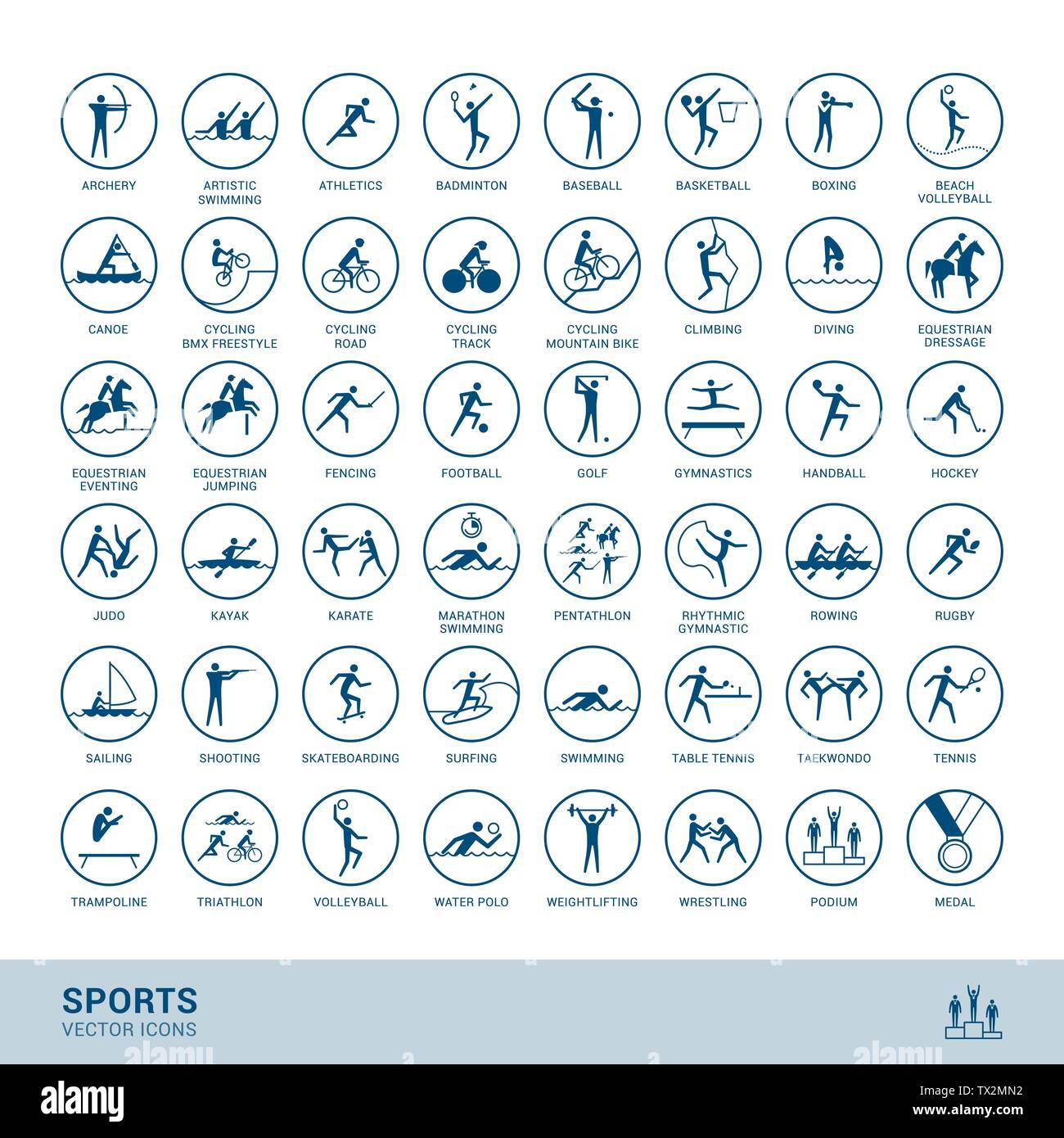 Sports disciplines icons  with vector stick figure symbol Stock Vector