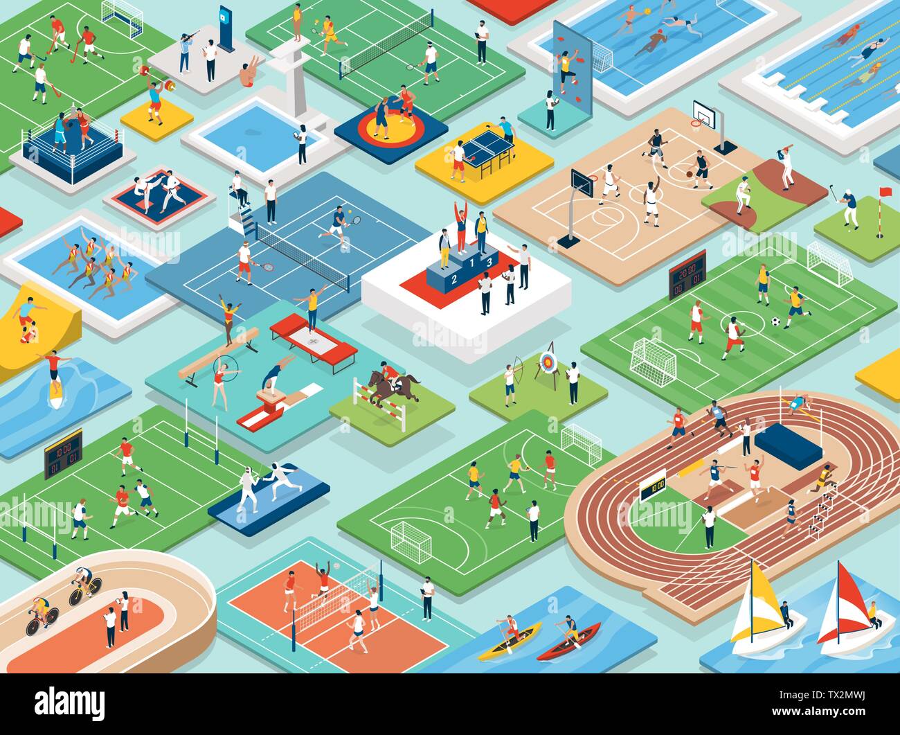 Sports and international competitions: multiethnic professional athletes and teams performing together, isometric people, fields and equipment Stock Vector