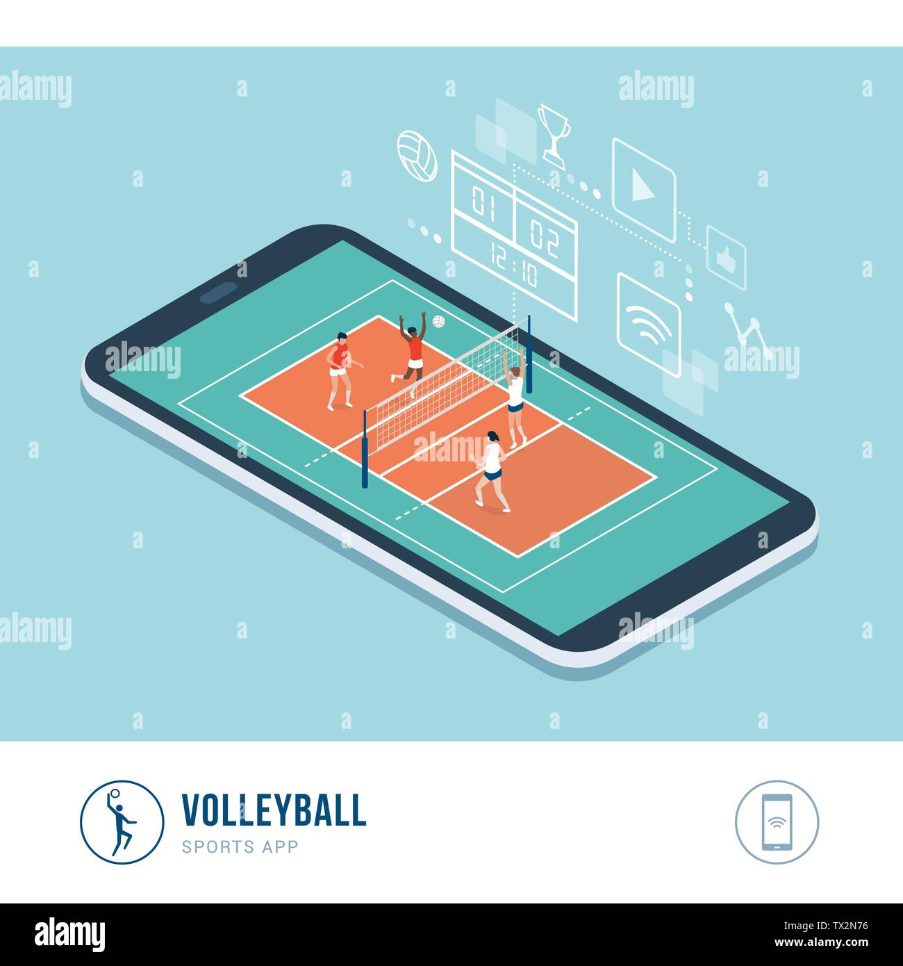 Professional sports competition: volleyball match with female players, mobile app Stock Vector