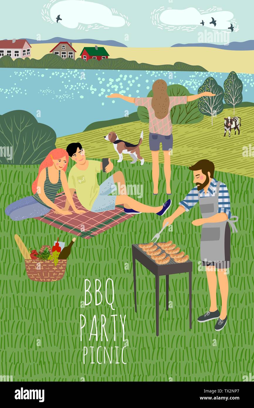 Picnic. Cute flat Vector illustration of mans and womans resting on the nature against the background of the rural landscape . Drawing by hand active Stock Vector