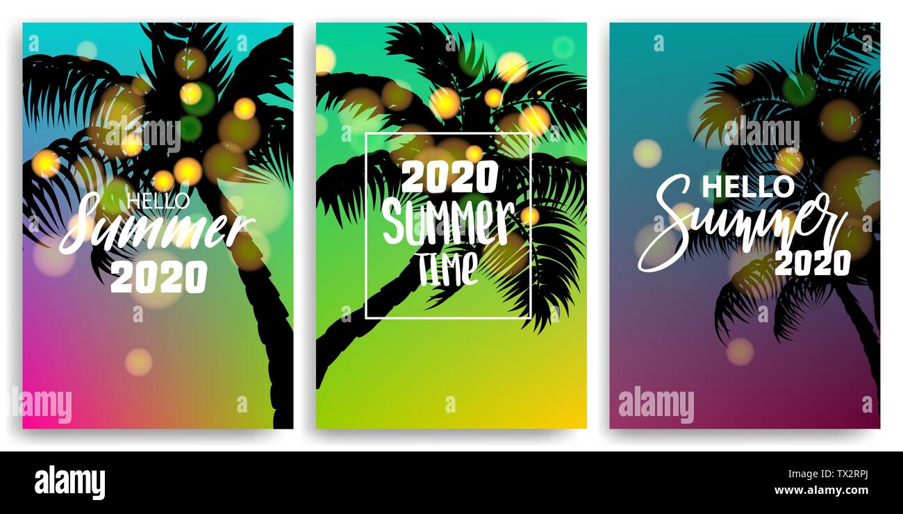 Blurred greeting hello summer time banner. Vintage retro vacation poster. Set season advertise sale vector backgrounds. Sunset, sunrise tropical trave Stock Vector